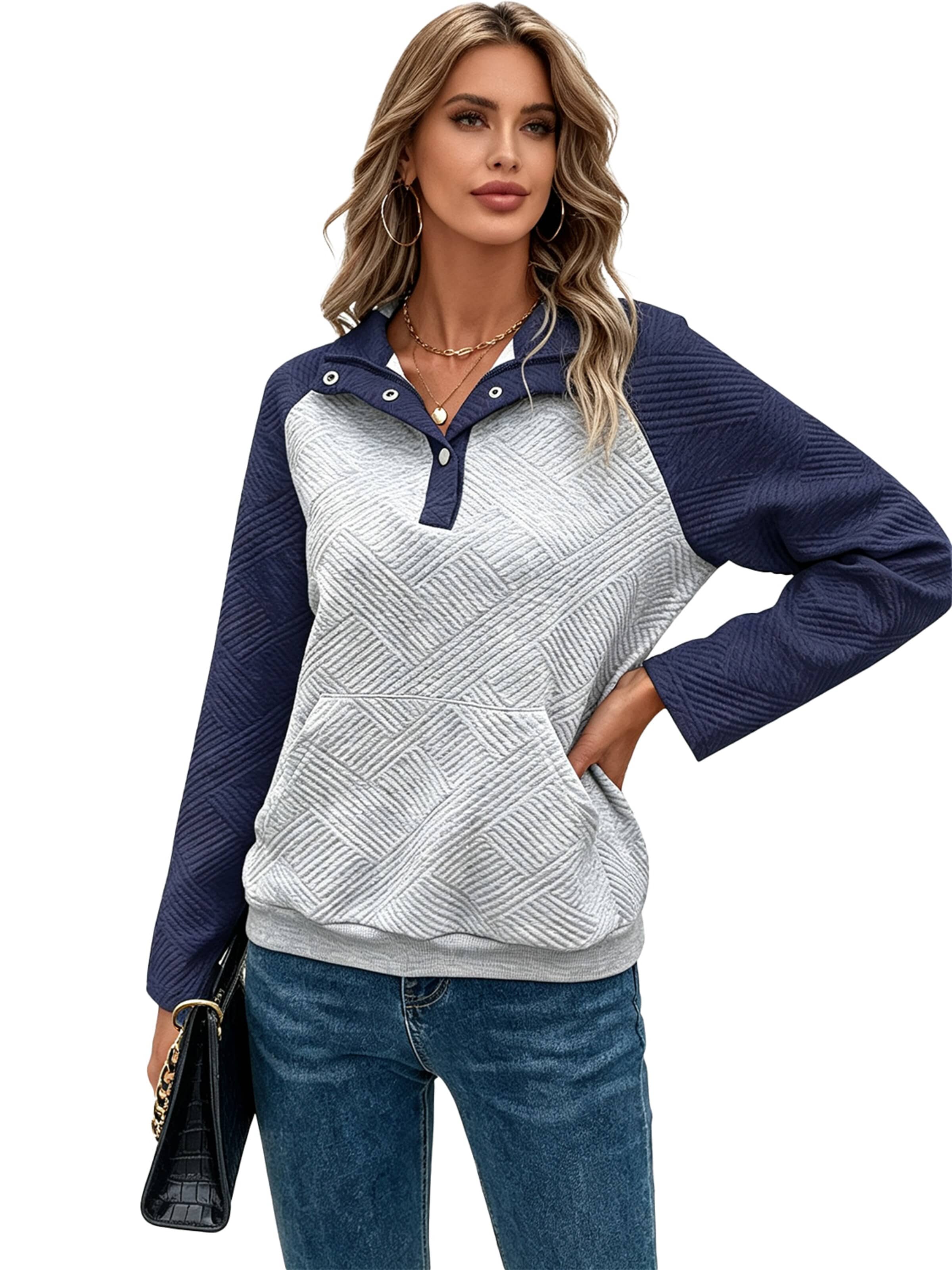KoJooin Blouse 'Damen Langarm Pullover mit Polo-Kragen im Colorblock-Design – Lässiger und schlichter Freizeitstyle' in XL in Navy, Item view