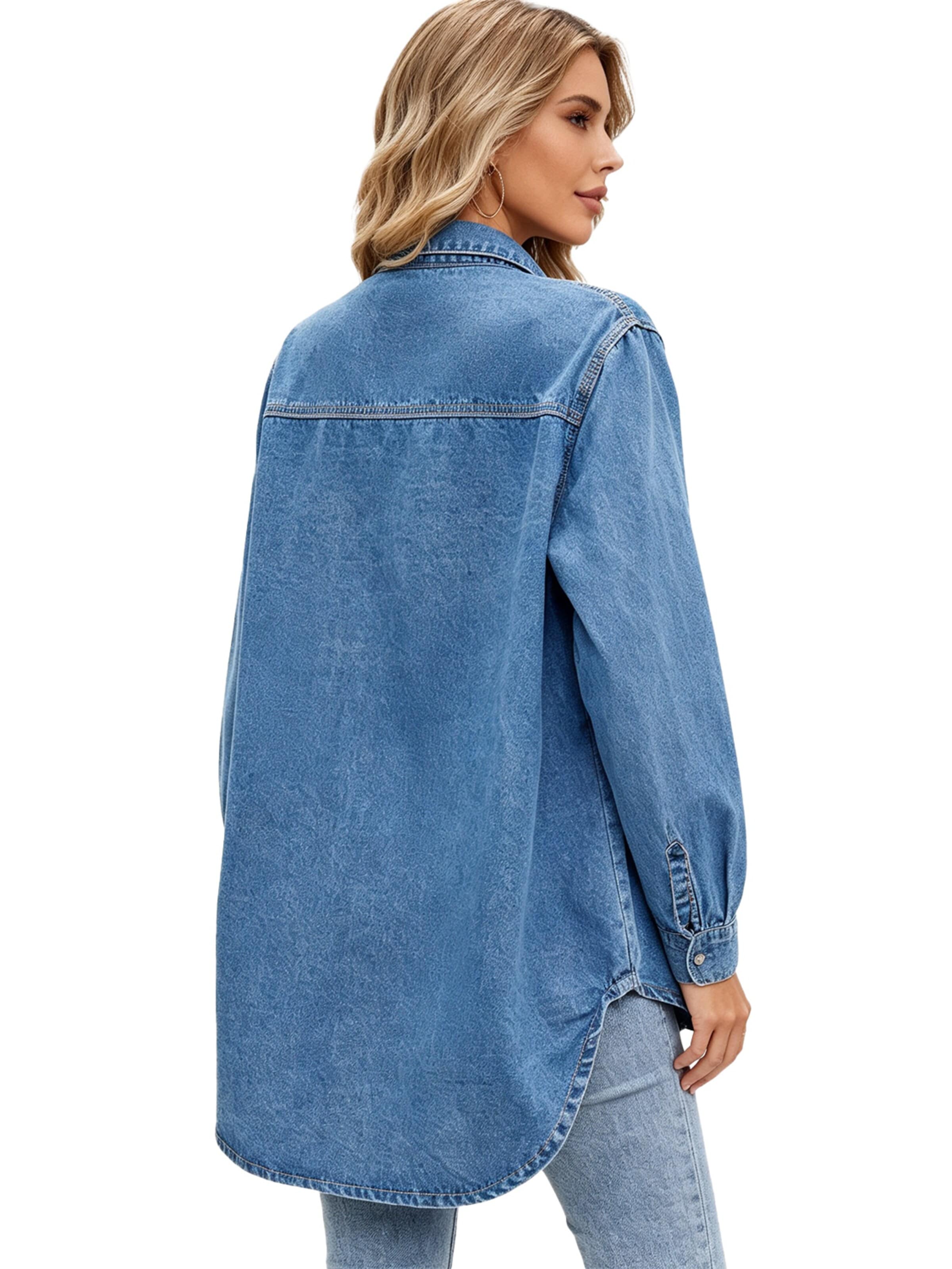 KoJooin Bluzka 'Damen Oversize Jeanshemd mit Knopfleiste – Langarm, Used-Look Denimjacke für Herbst-Outfits 2026' w kolorze niebieski
