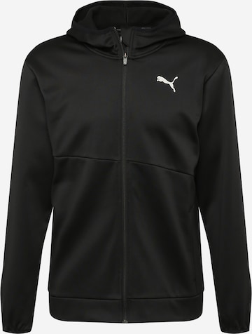 PUMA Athletic Zip-Up Hoodie 'TRAIN ALL DAY' in Black: front