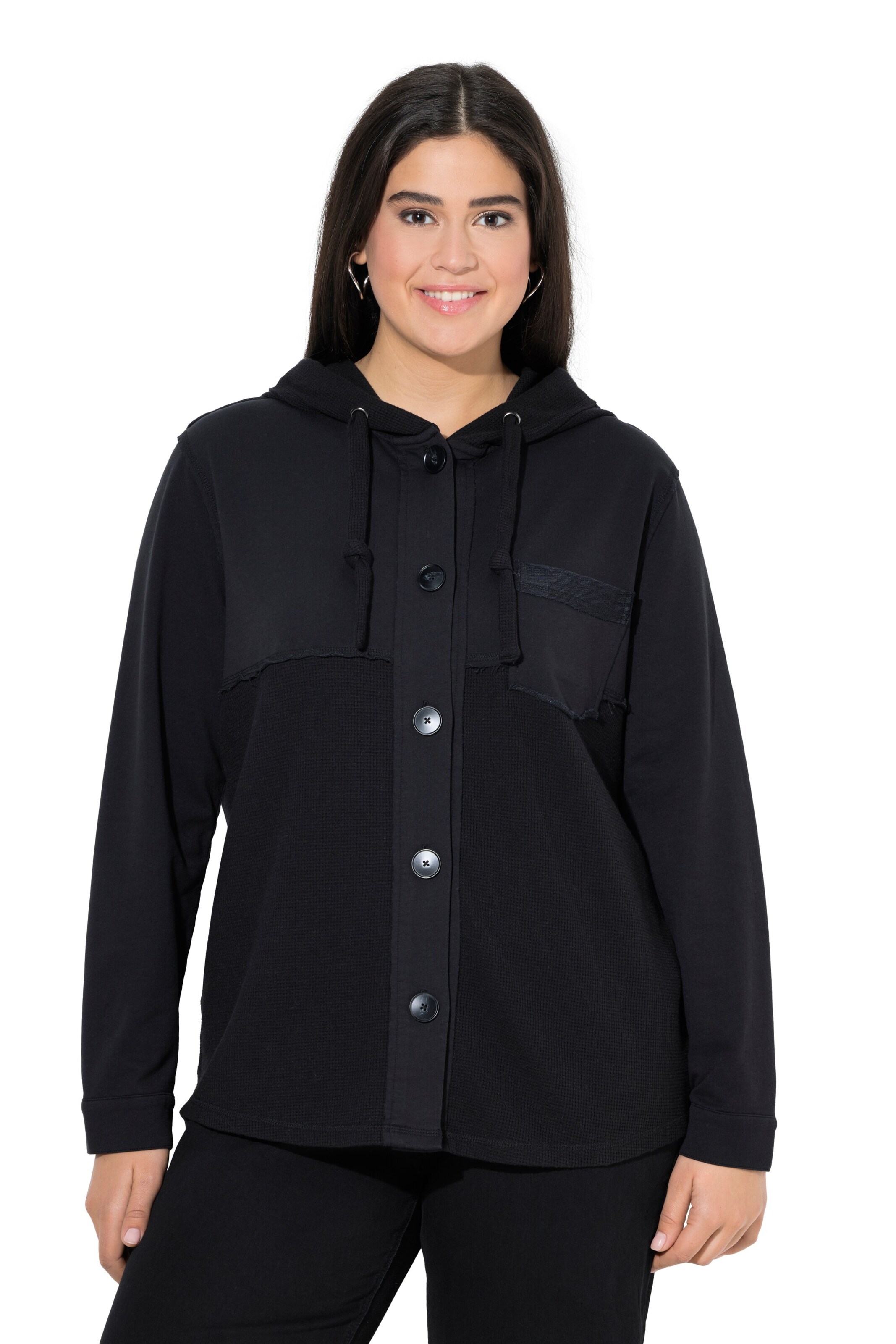 Ulla Popken Zip-Up Hoodie in Black: front