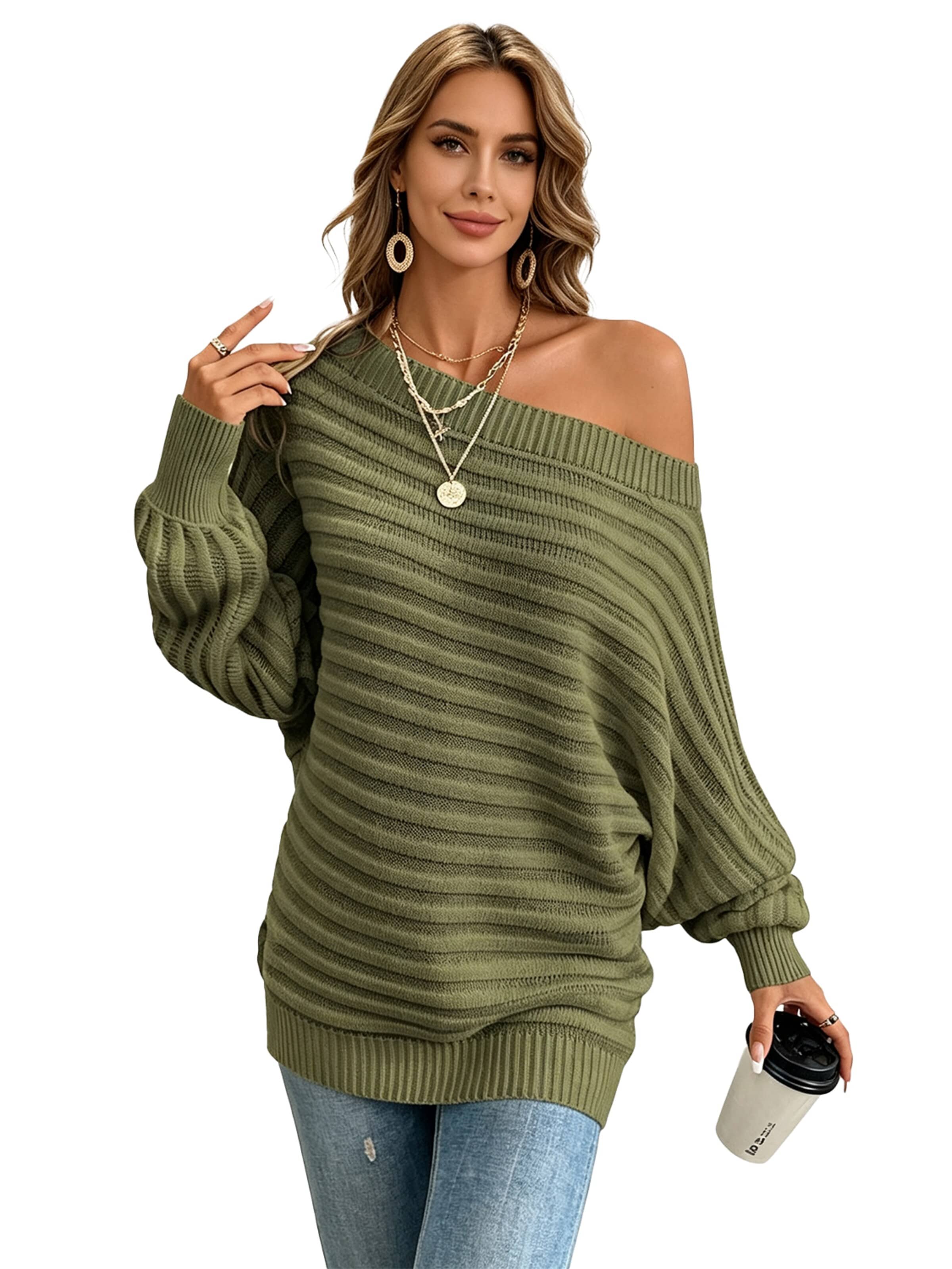 KoJooin Sweater 'Damen Strukturiertes Rippstrick Pullover Carmenausschnitt und Fledermausärmeln Oversize-Strickpulli' in Green: front