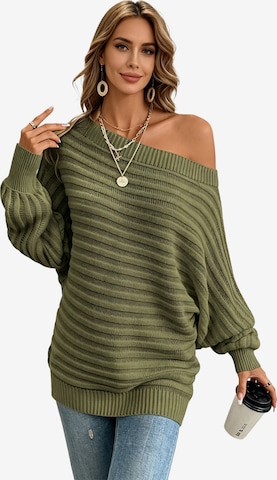KoJooin Sweter 'Damen Strukturiertes Rippstrick Pullover Carmenausschnitt und Fledermausärmeln Oversize-Strickpulli' w kolorze zielony: przód