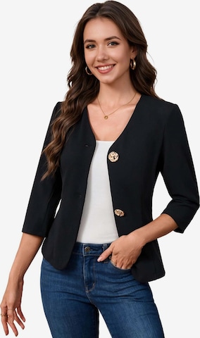 KoJooin Blazer 'Damen-Kurzblazer mit V-Ausschnitt, Metallknopf, Seitenschlitzen und 3/4-Ärmeln' in Schwarz: Vorderseite