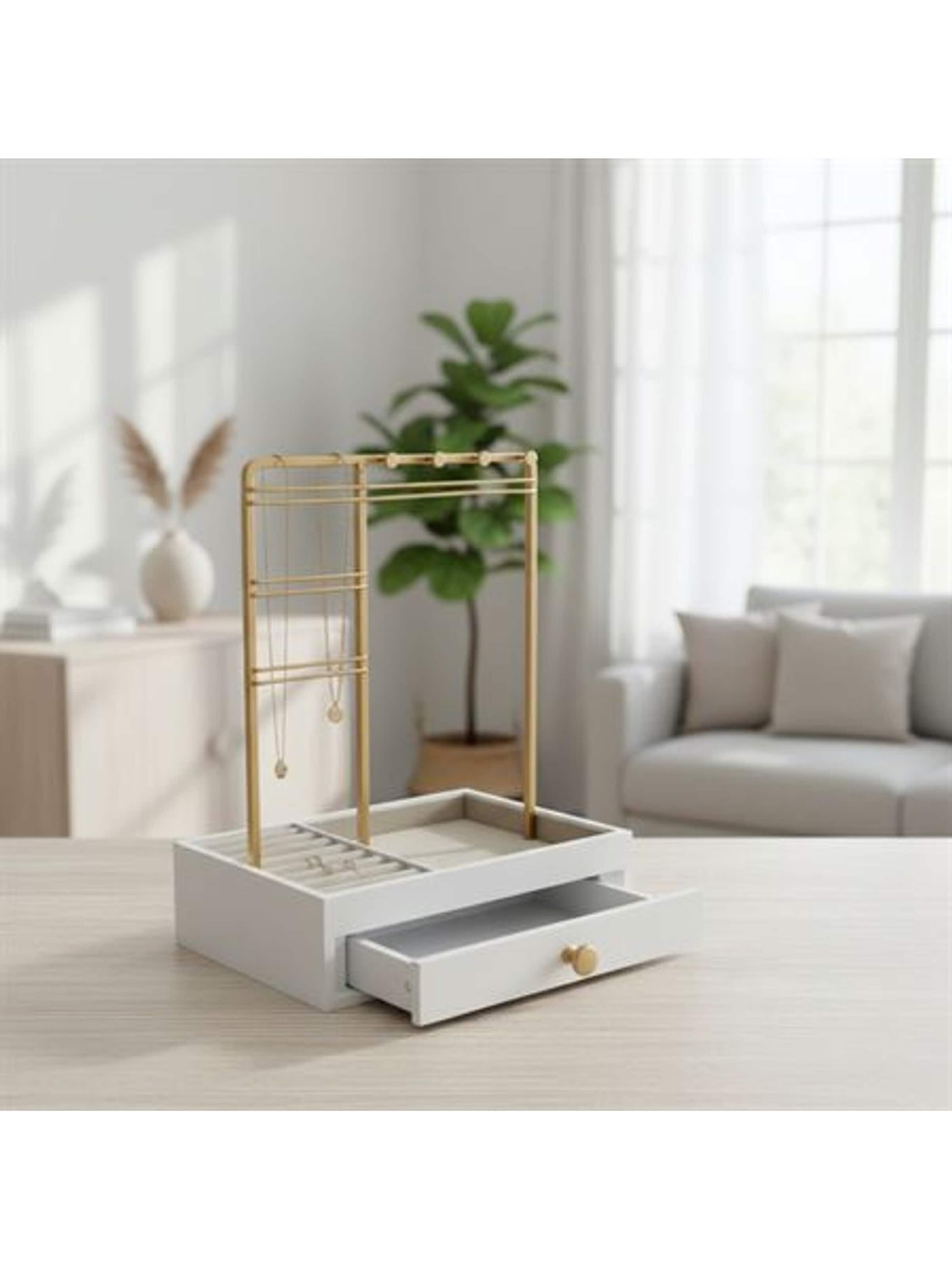 Boîte à bijoux 'UNIQ Smykkestativ / Smykkeskrin i Guld med Skuffe - Holder til øreringe, ringe & kæder (29 cm)' UNIQ Beauty en or