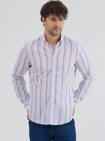 7Camicie Slim fit Zakelijk overhemd 'Leonardo Linen Man Shirt White Green' in Wit: voorkant