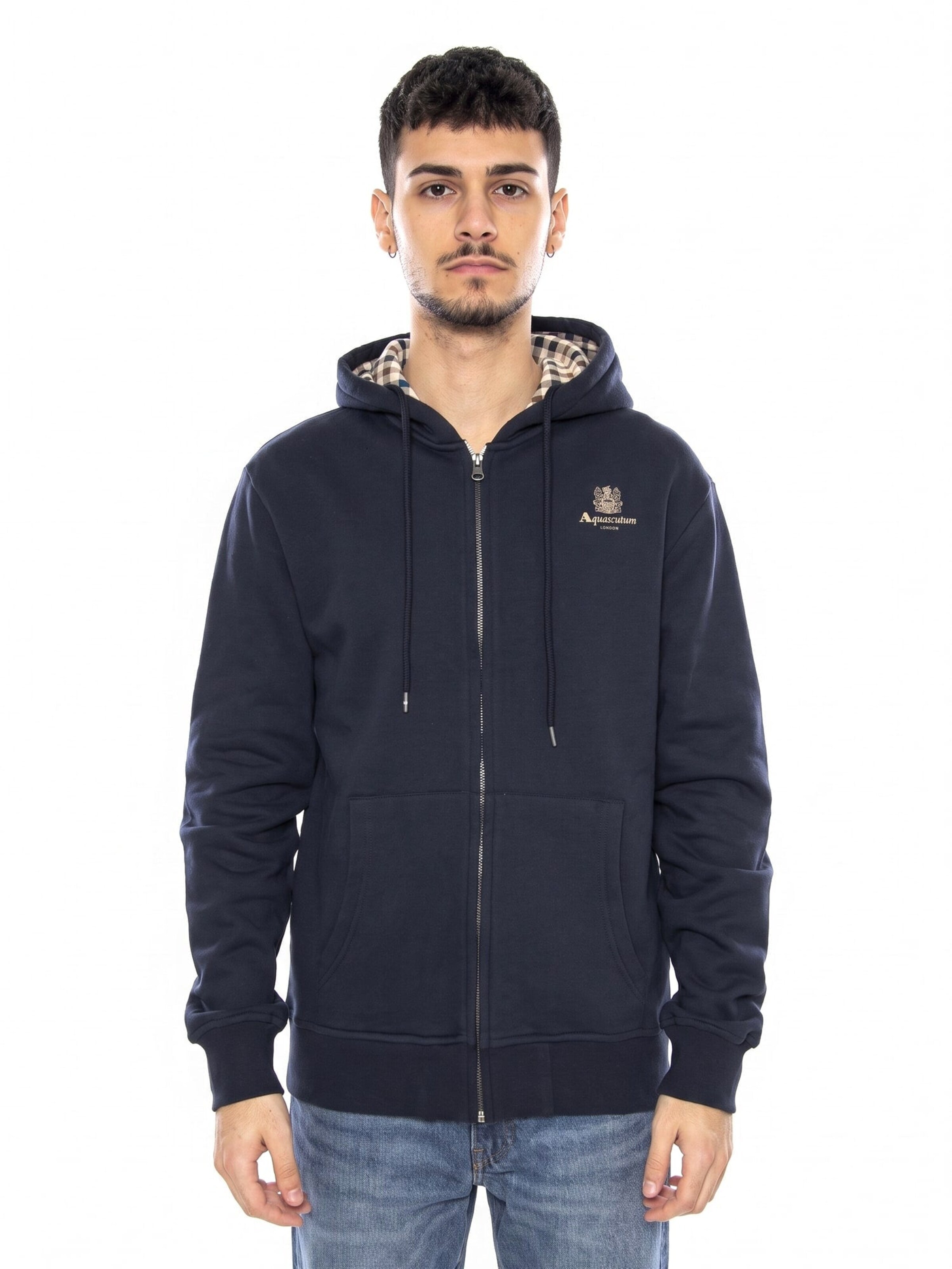 Aquascutum Zip-Up Hoodie 'Full Zipped Hoodie Fleece -- Navy Men's Hoodie' in Blue: front
