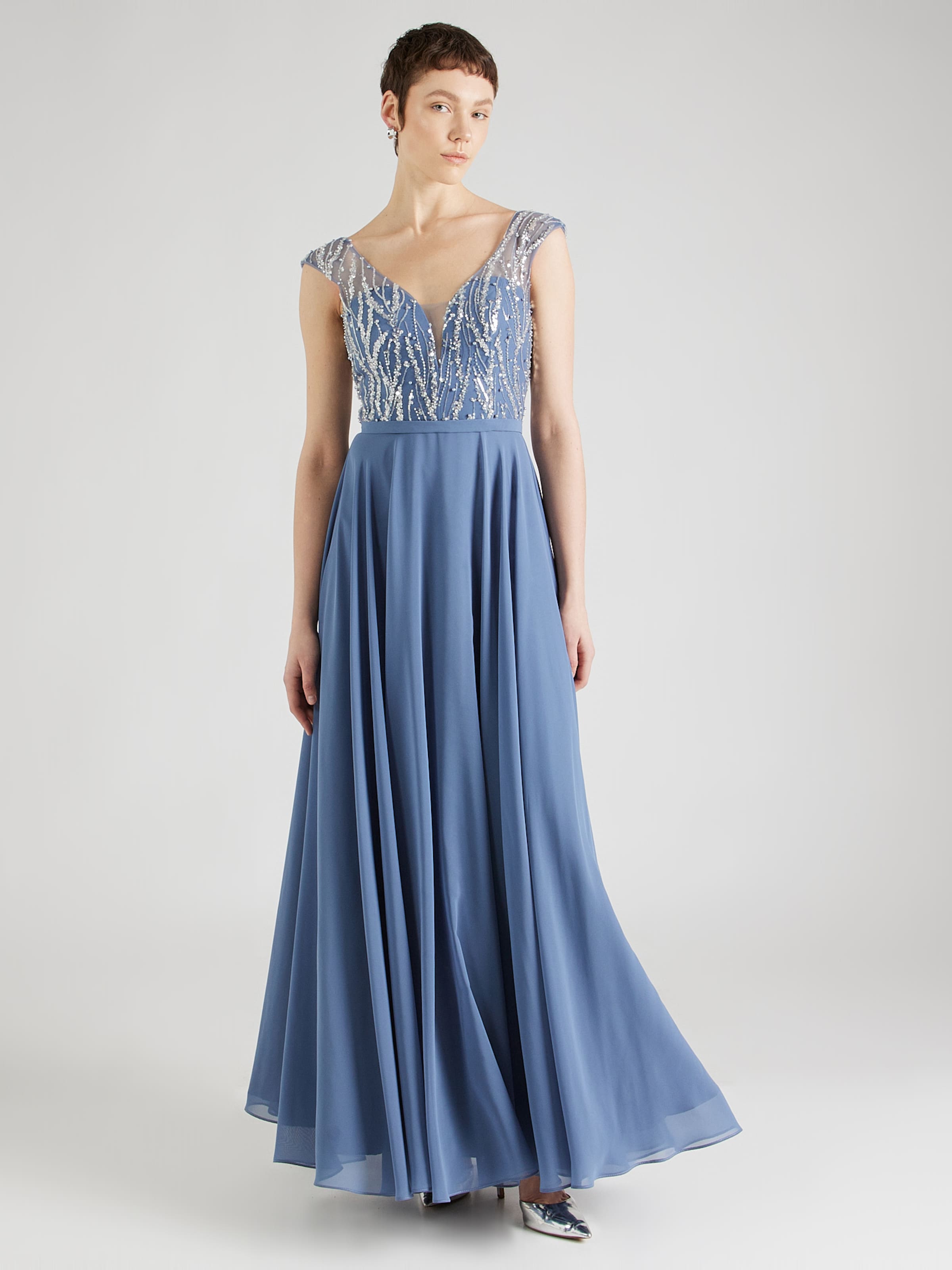 Blue and white evening gown deals