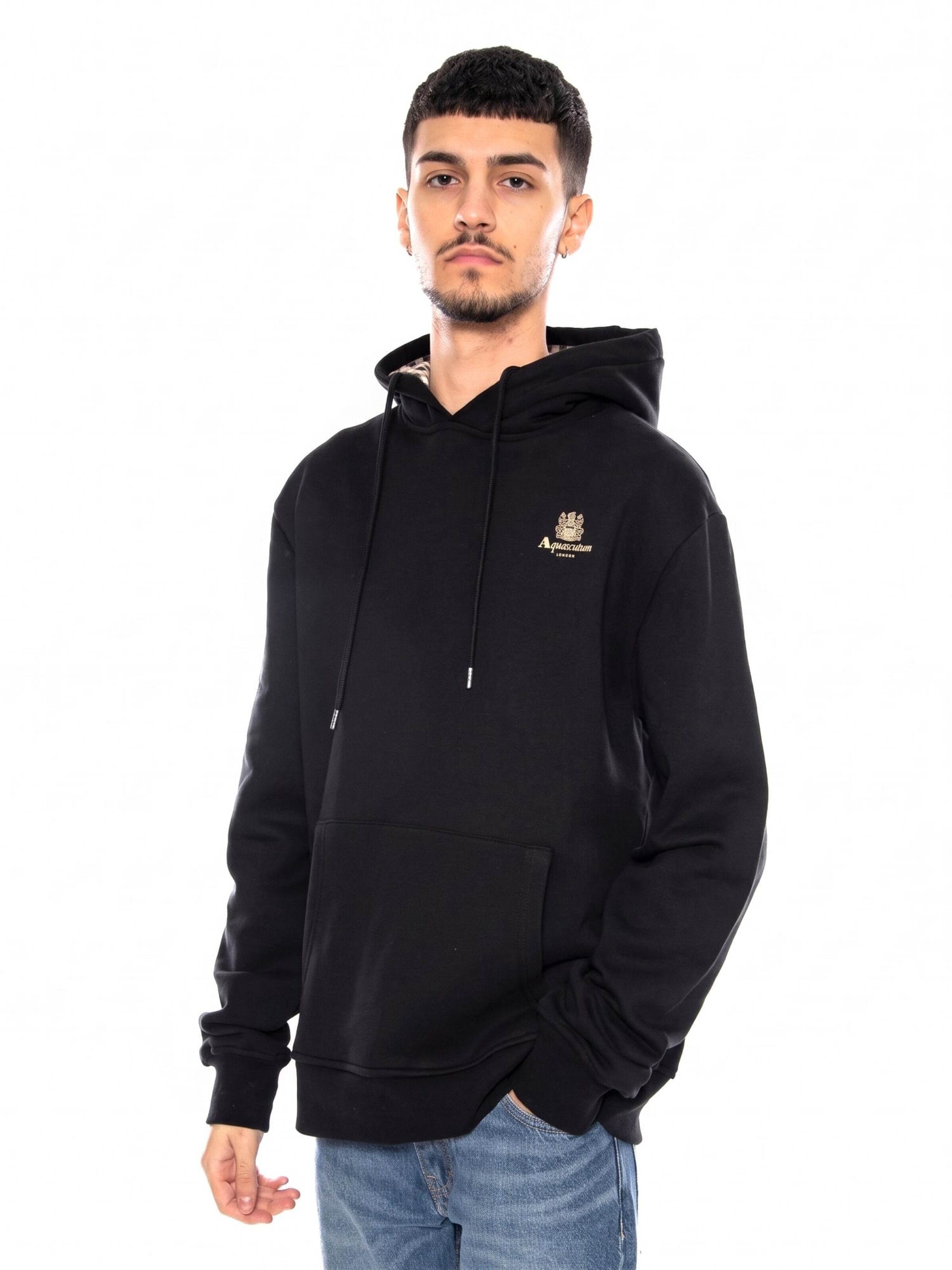 Aquascutum Sweatshirt 'Small Logo Hoodie Fleece -- Black Men's Hoodie' in Black: front