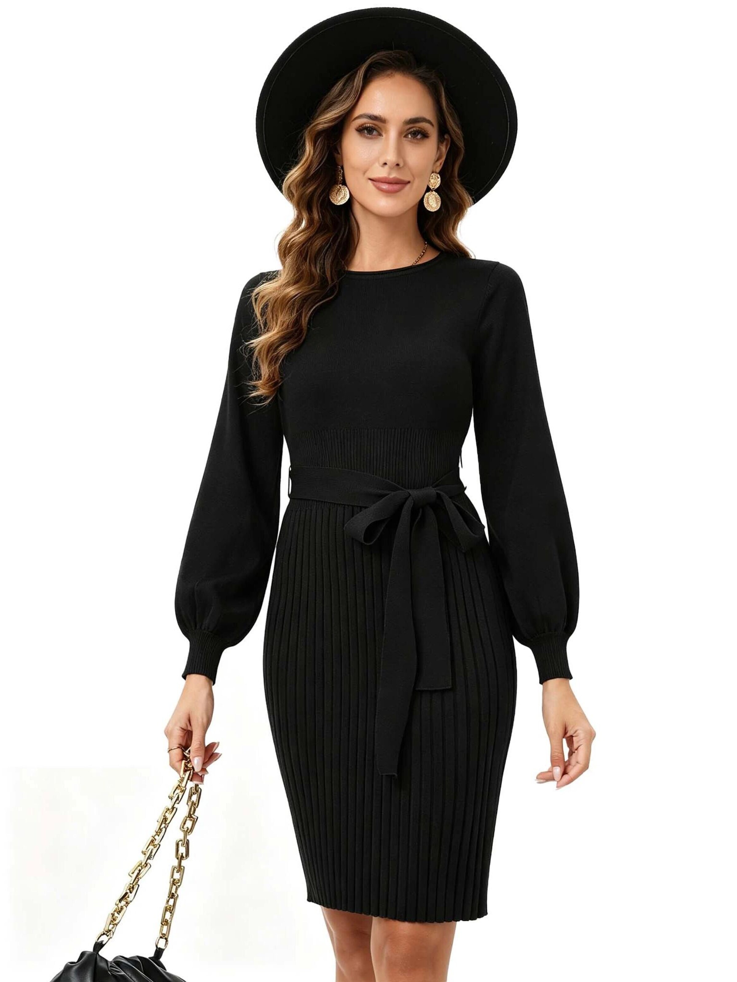 KoJooin Sukienka 'Damen-Strickkleid mit Rundhalsausschnitt, Bindegürtel, Plisseefalten und langen Ärmeln' w kolorze czarny