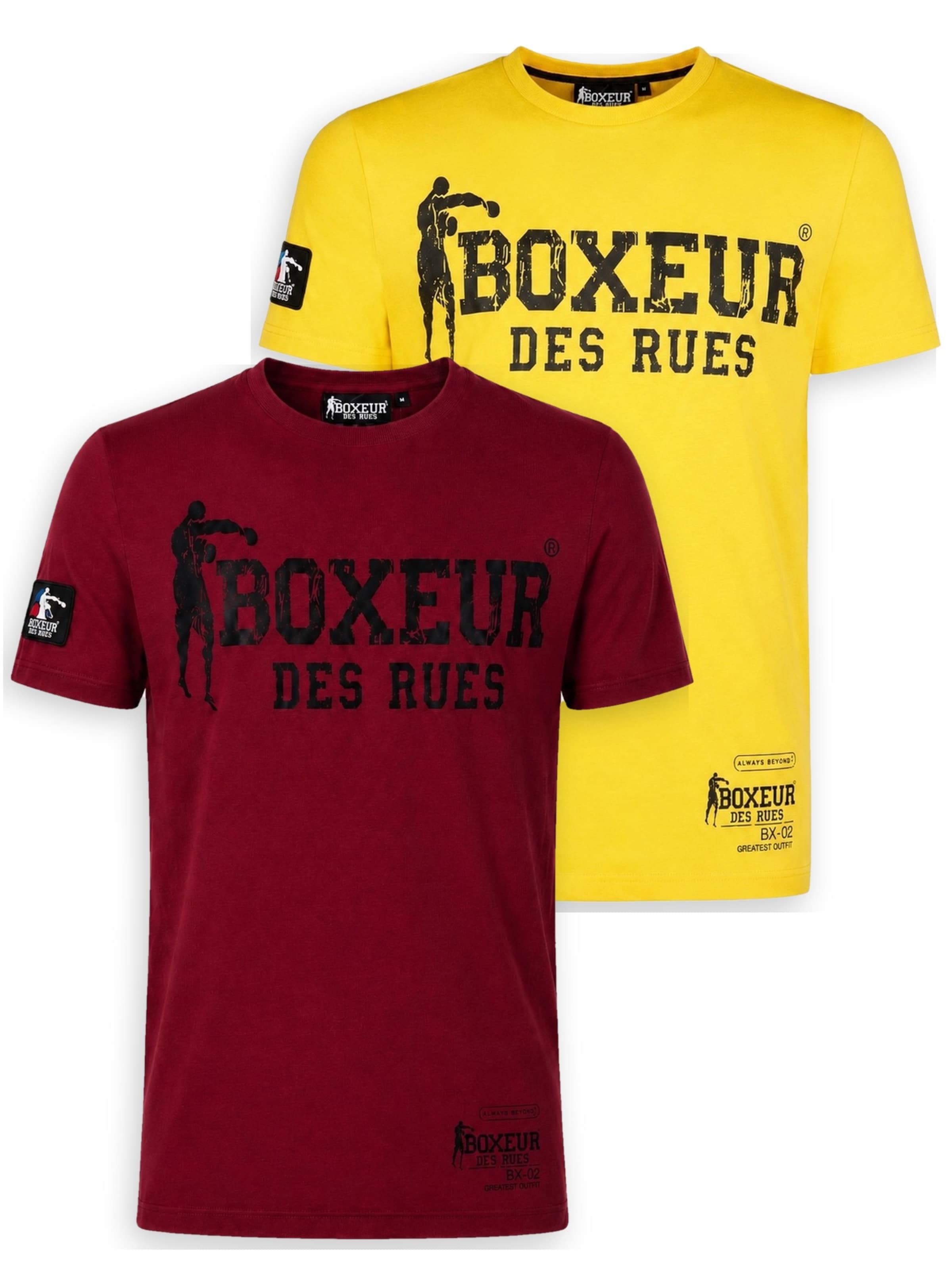 Boxeur des Rues - Camiseta 'Herren T-Shirt 2er-Pack Boxeur des Rues Slim Fit: Bordeaux, Schwarzes Logo + Gelb, Schwarzes Logo' en Mezcla de colores: frente