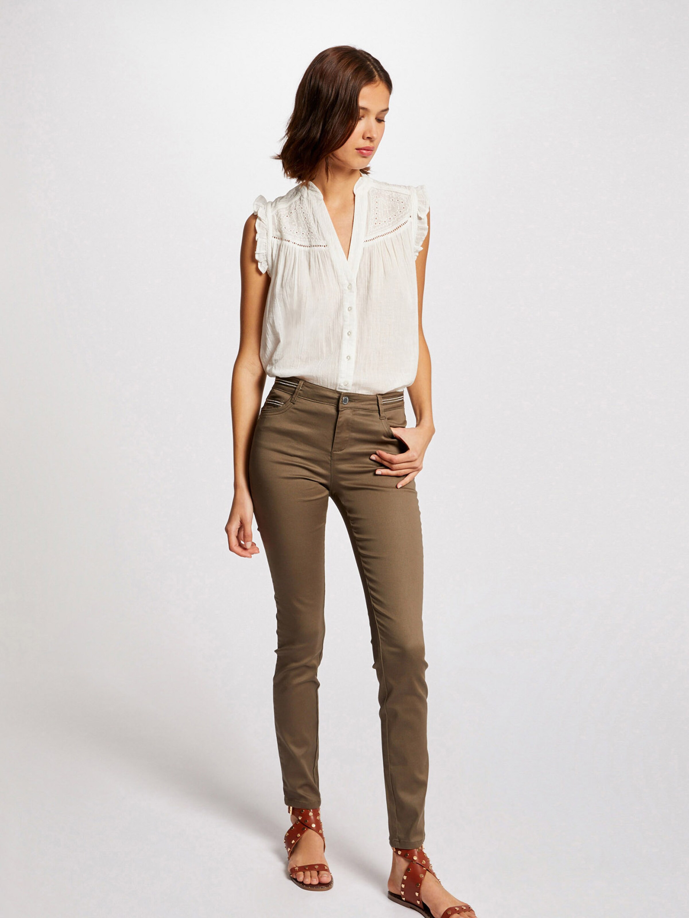 Cotton mix coated trousers with high waist in slim fit Morgan | La Redoute