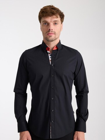Slim fit Camicia business 'Donatello Iconic Poplin Stretch Man Shirt Black' di 7Camicie in nero: frontale