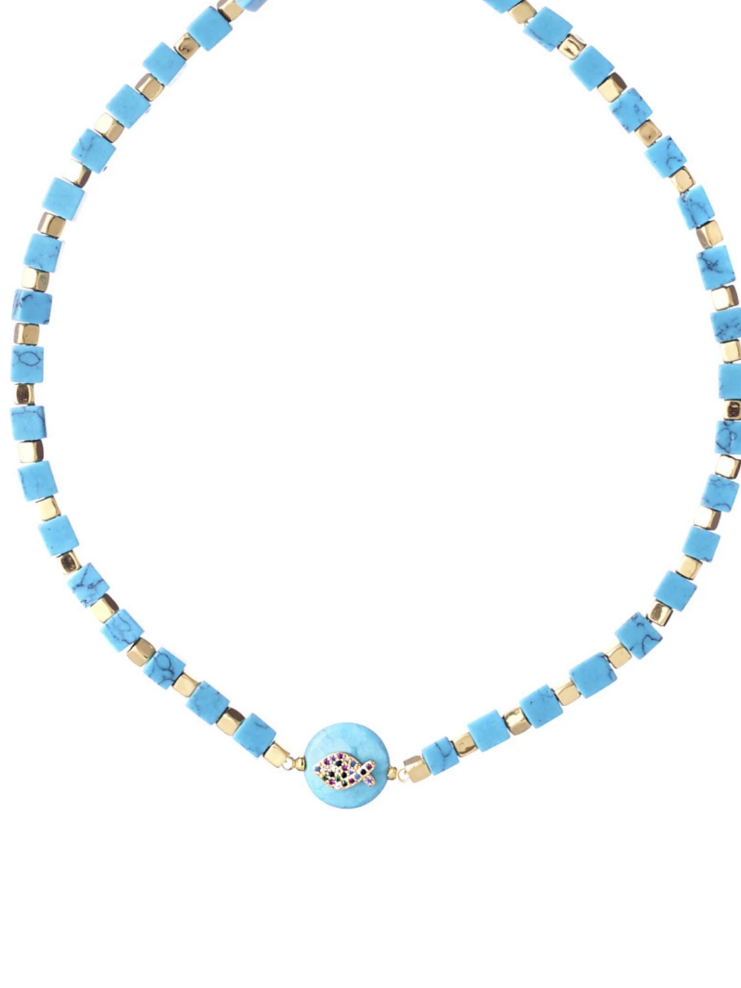 THE GEM STORIES JEWELRY - Cadena 'Turquoise Cubes Necklace with Fish Element' en azul