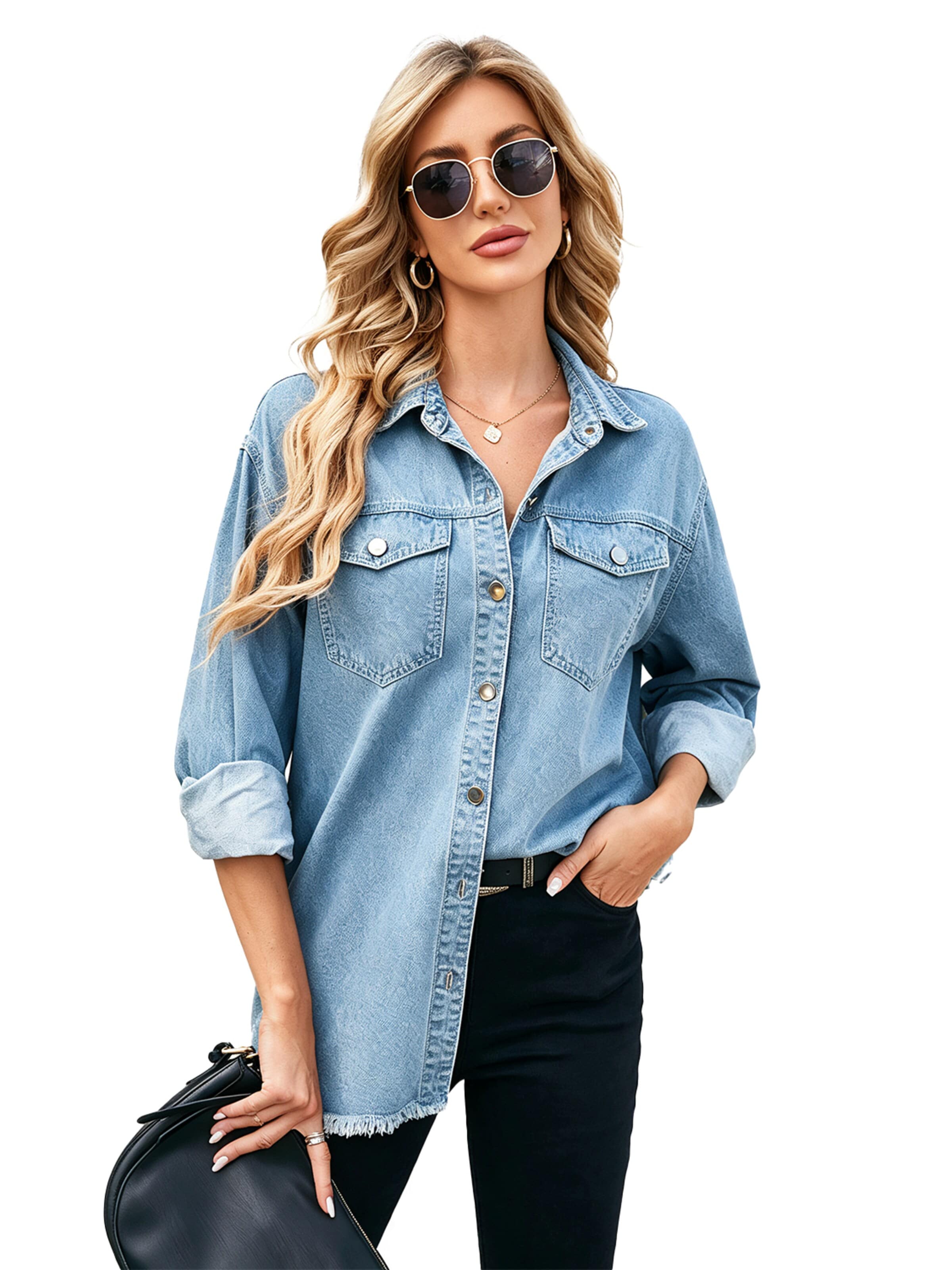 KoJooin Płaszcz letni 'Damen Übergrößen Jeansjacke mit Knopfleiste und Used-Look Trendige Denim Shacket für Herbstoutfits' w kolorze niebieski