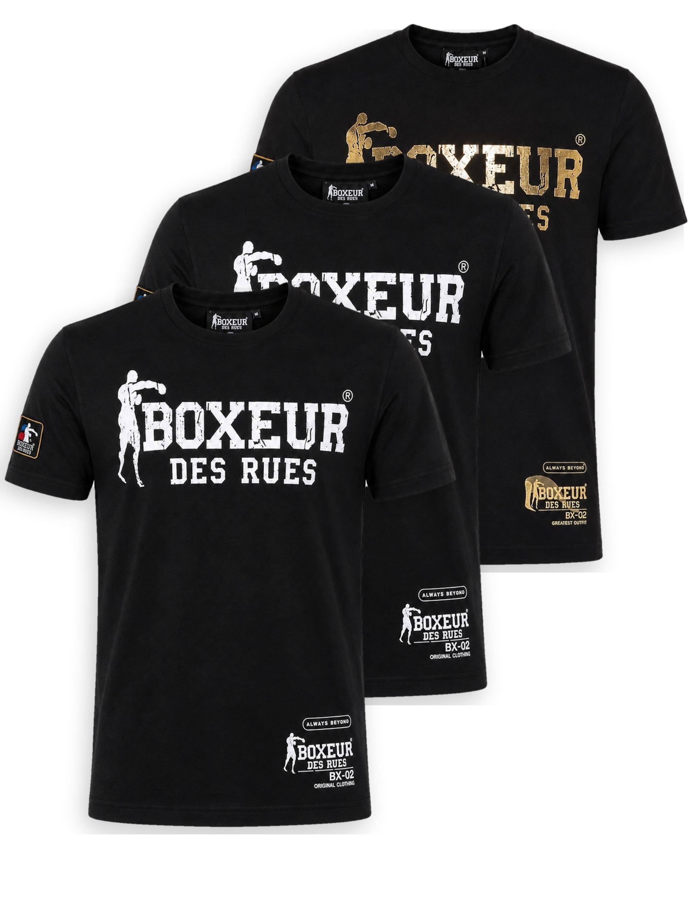 Boxeur des Rues Shirt 'Herren T-Shirt 3er-Pack Boxeur des Rues Slim Fit: 2 x Schwarz, Weißes Logo + Schwarz, Goldenes Logo' in Zwart: voorkant