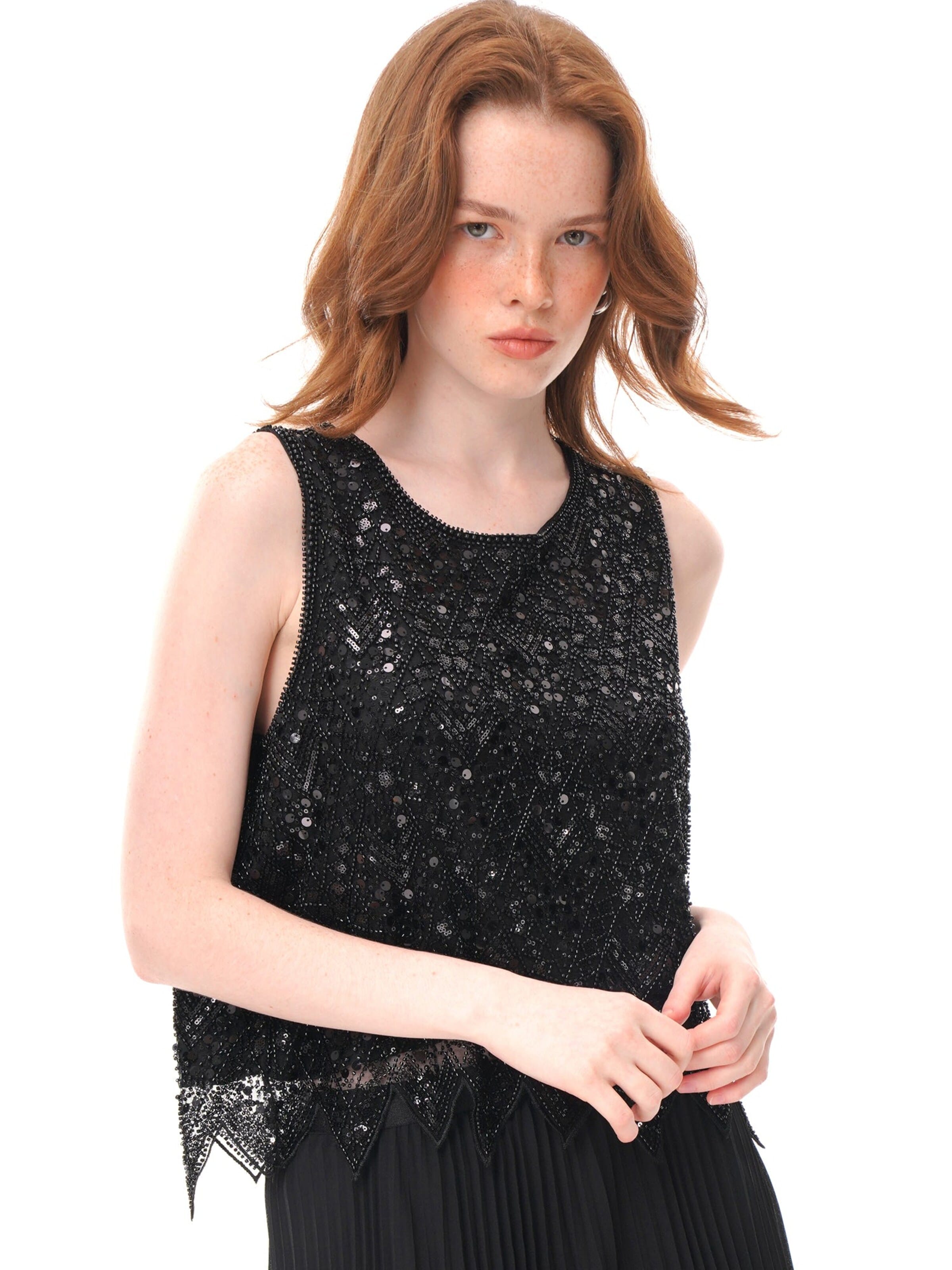 Haut 'Beaded Sequined Mesh Sleeveless Top, Irregular Pointed‑Hem Sheer Crew Neck Vest' yoligex en noir