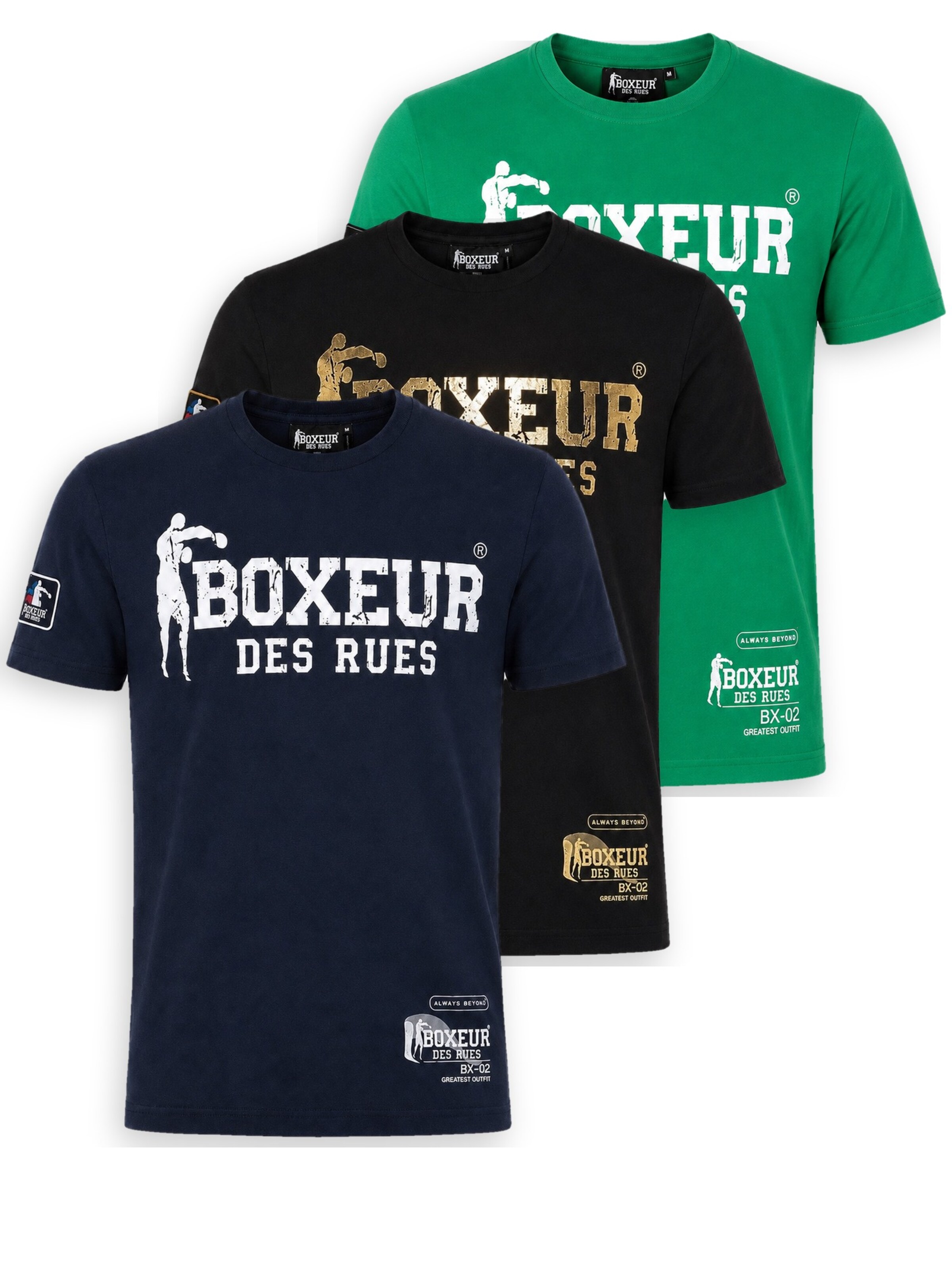 Boxeur des Rues Shirt 'Herren T-Shirt 3er-Pack Boxeur des Rues Slim Fit: Marineblau + Schwarz, Goldenes Logo + Grasgrün, Weißes Logo' in Gemengde kleuren: voorkant