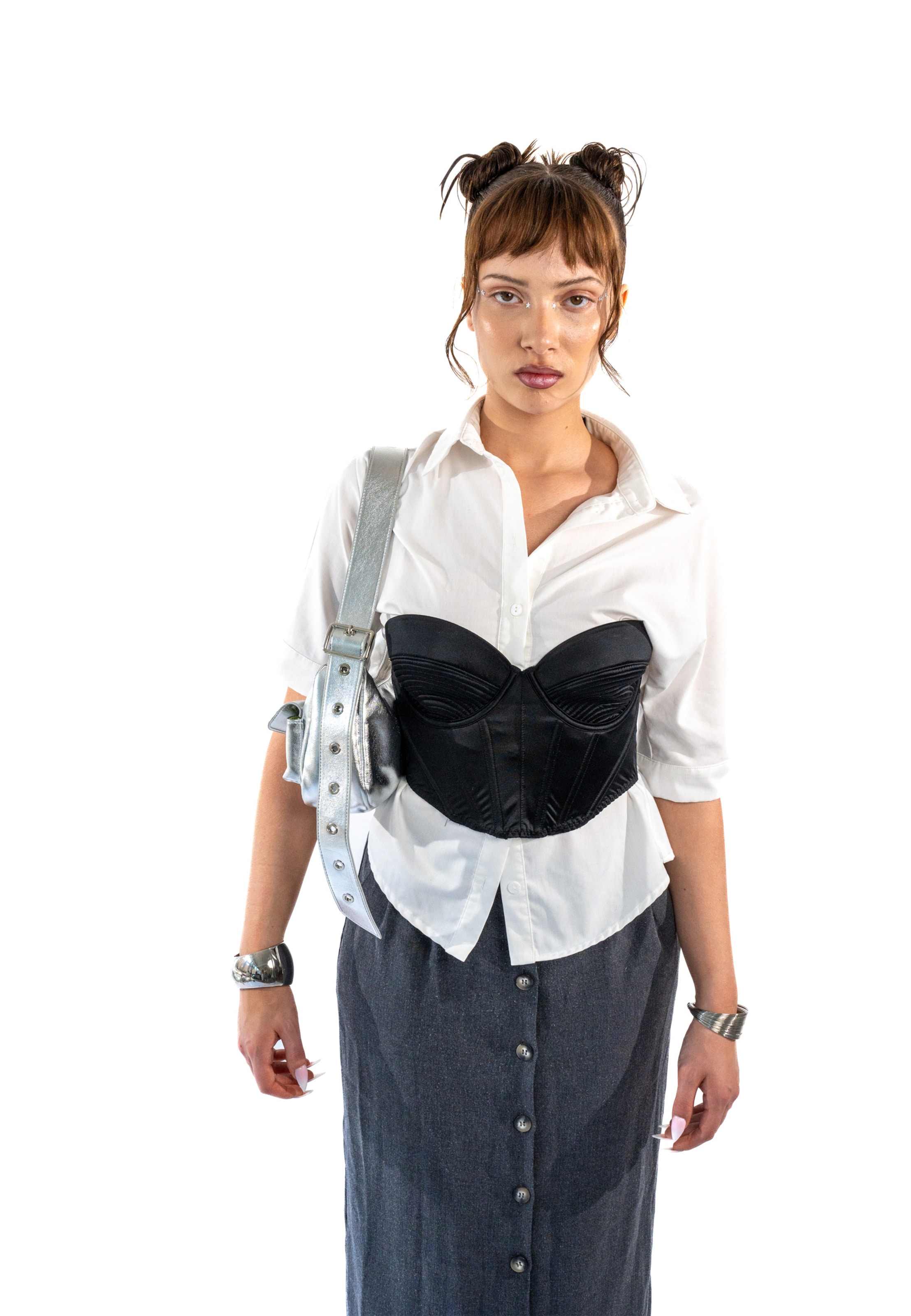 Borsa a spalla 'Electra' di Expatrié in argento: frontale