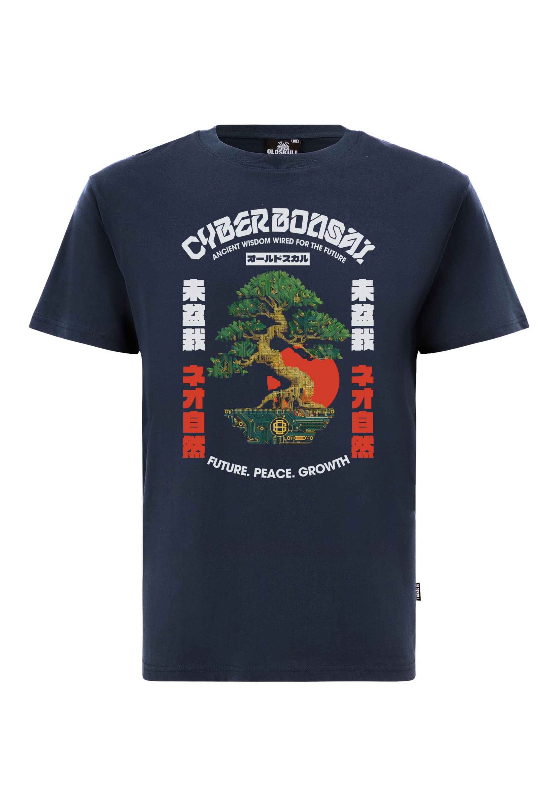 Oldskull Shirt 'Asian Bonsai Future Tree Graphic' in Blauw: voorkant