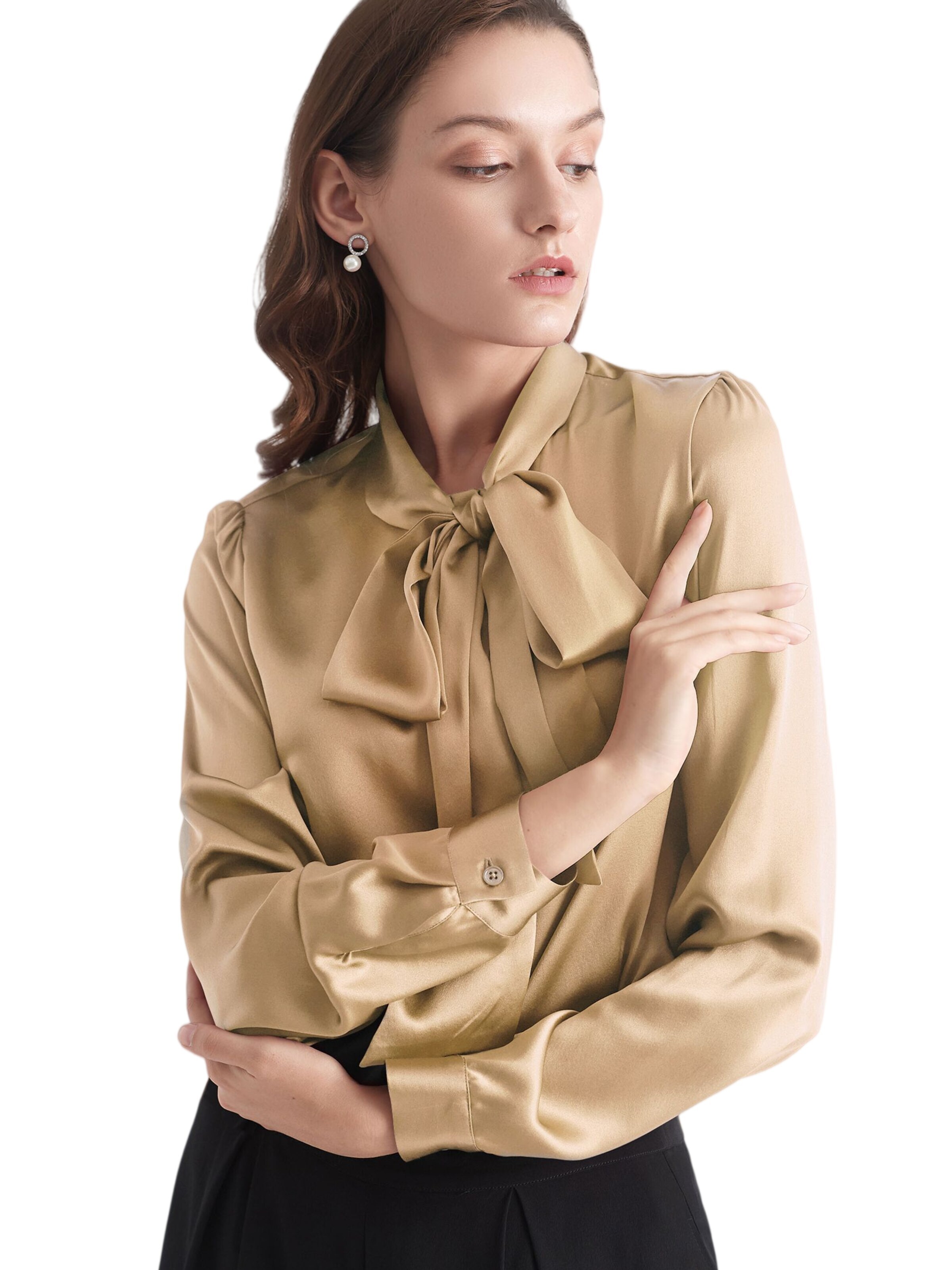 Lilysilk - Blusa 'LILYSILK Seidenbluse mit Schleife' en marrón: frente