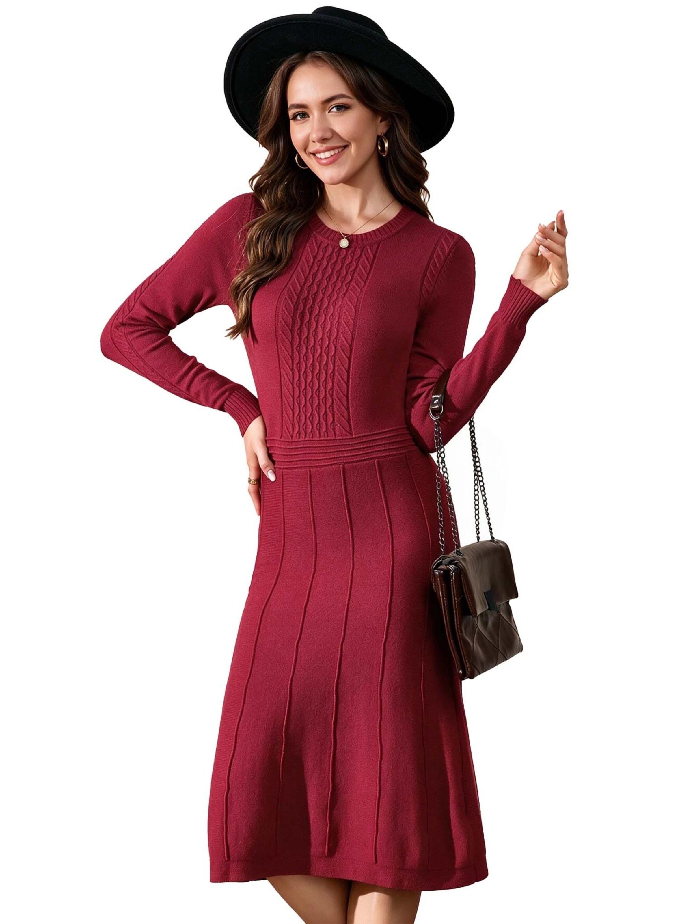 KoJooin Sukienka z dzianiny 'Damen-Rippstrickkleid in Midi-Länge mit Rundhalsausschnitt und langen Ärmeln' w kolorze czerwony
