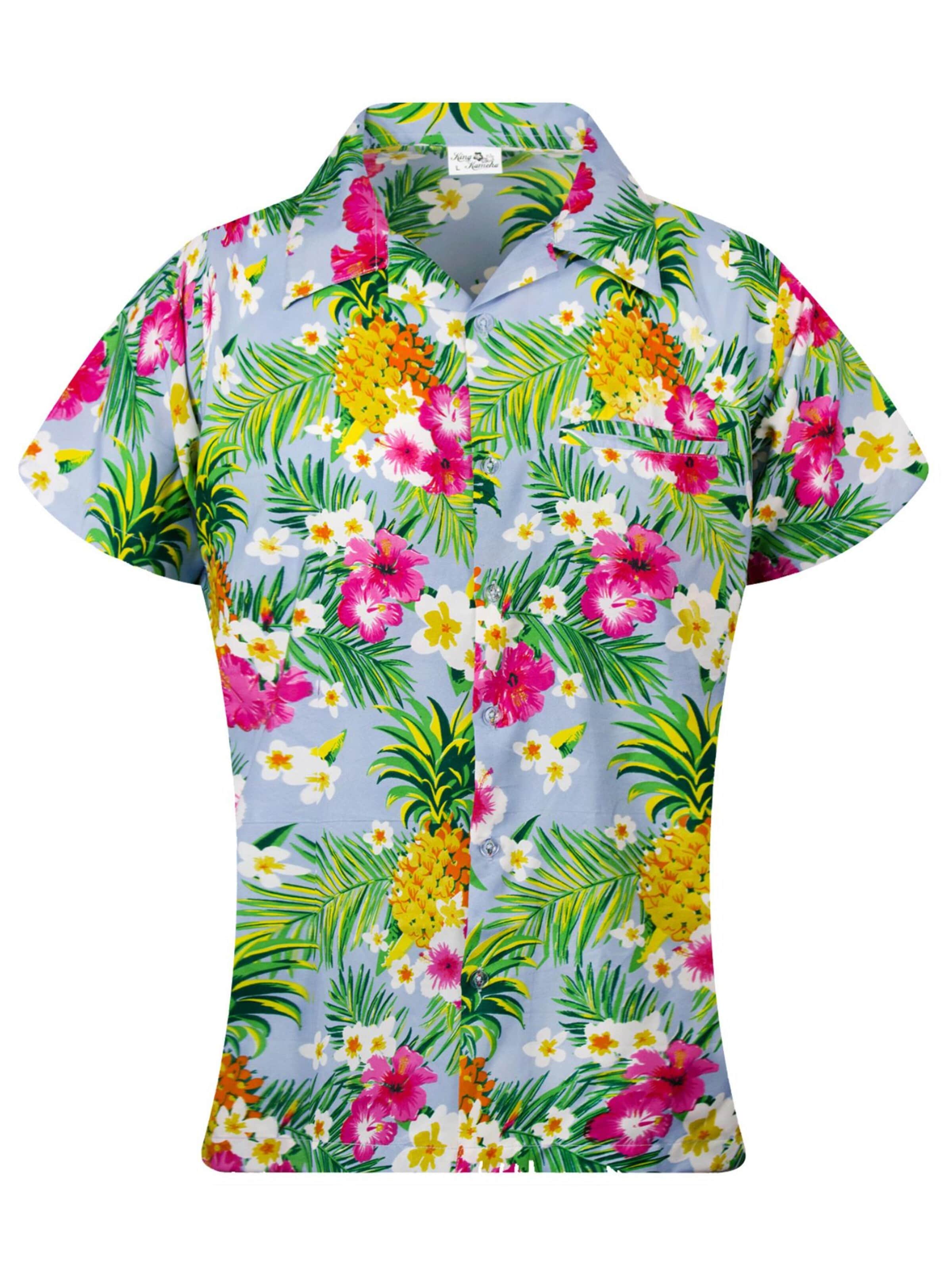 King Kameha Bluse 'Pineapple Flowers'‌‌‌ in Blau: Vorderseite