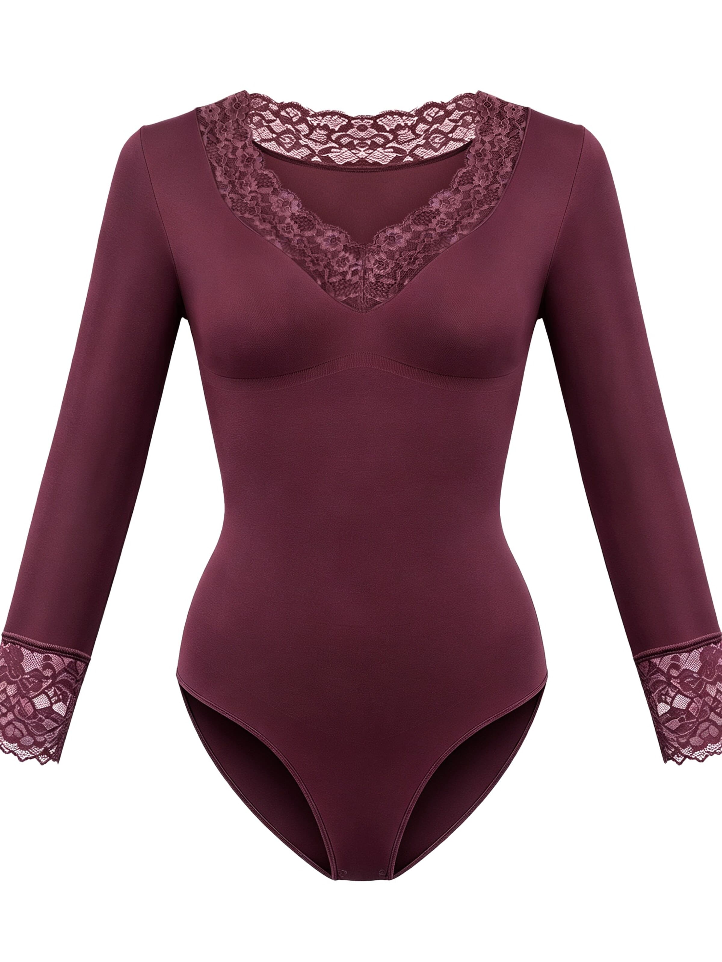 cfab - Body moldeador 'Clean Longsleeve V-Neck with Lace Sculpting Bodysuit with Slip' en rojo: frente