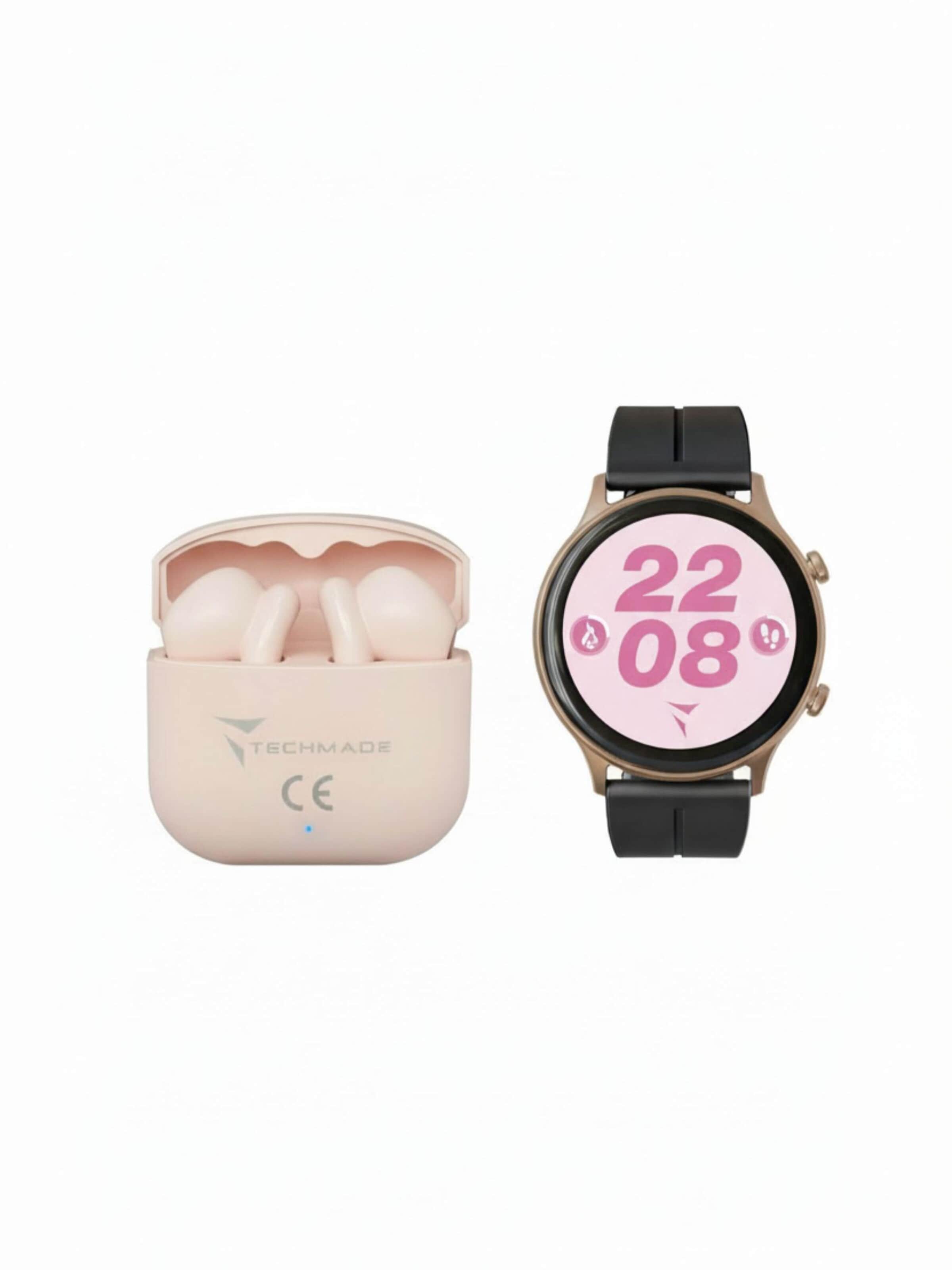 Techmade Digital Watch 'Dynamic 2 Smartwatch – Bundle mit Kopfhörern' in Pink: front