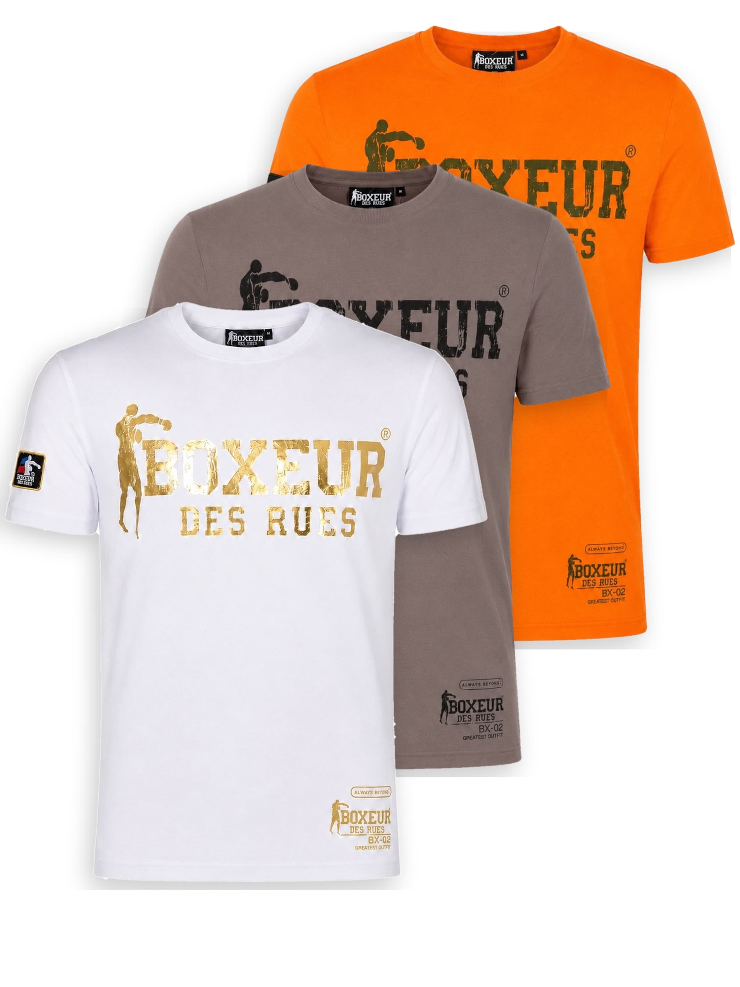 T-Shirt 'Herren T-Shirt 3er-Pack Boxeur des Rues Slim Fit: Weiß, Goldenes Logo + Taupe-Grau, Schwarzes Logo + Intensives Orange' Boxeur des Rues en multicouleur : devant
