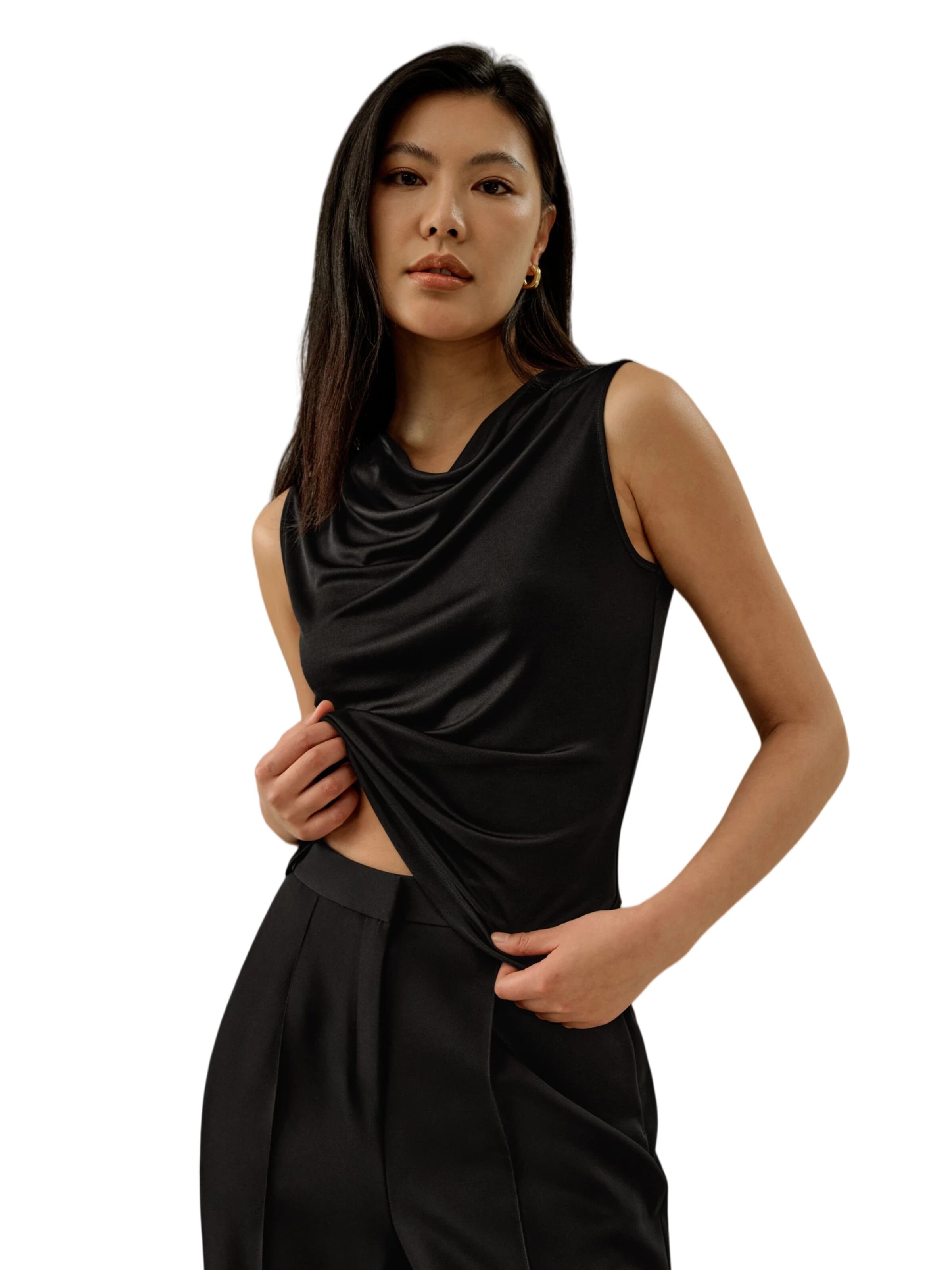 Top 'Seidenjersey Ärmelloses Top mit Wasserfallausschnitt' di Lilysilk in nero