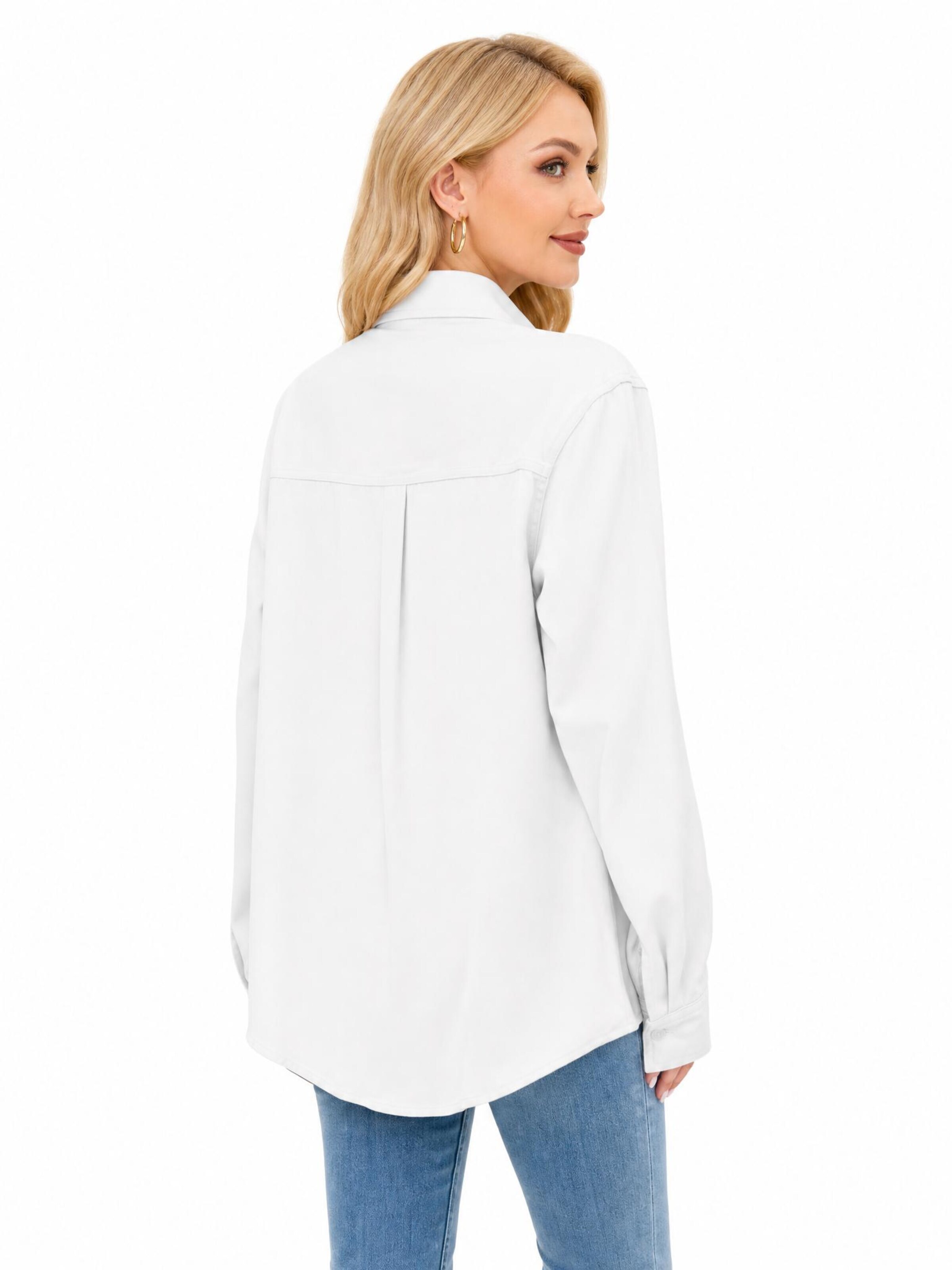 KoJooin Halenka 'Damenbluse mit Knopfleiste, langärmelig, lässig, Oversize-Schnitt, mit Taschen, leichtes Oberteil' – bílá