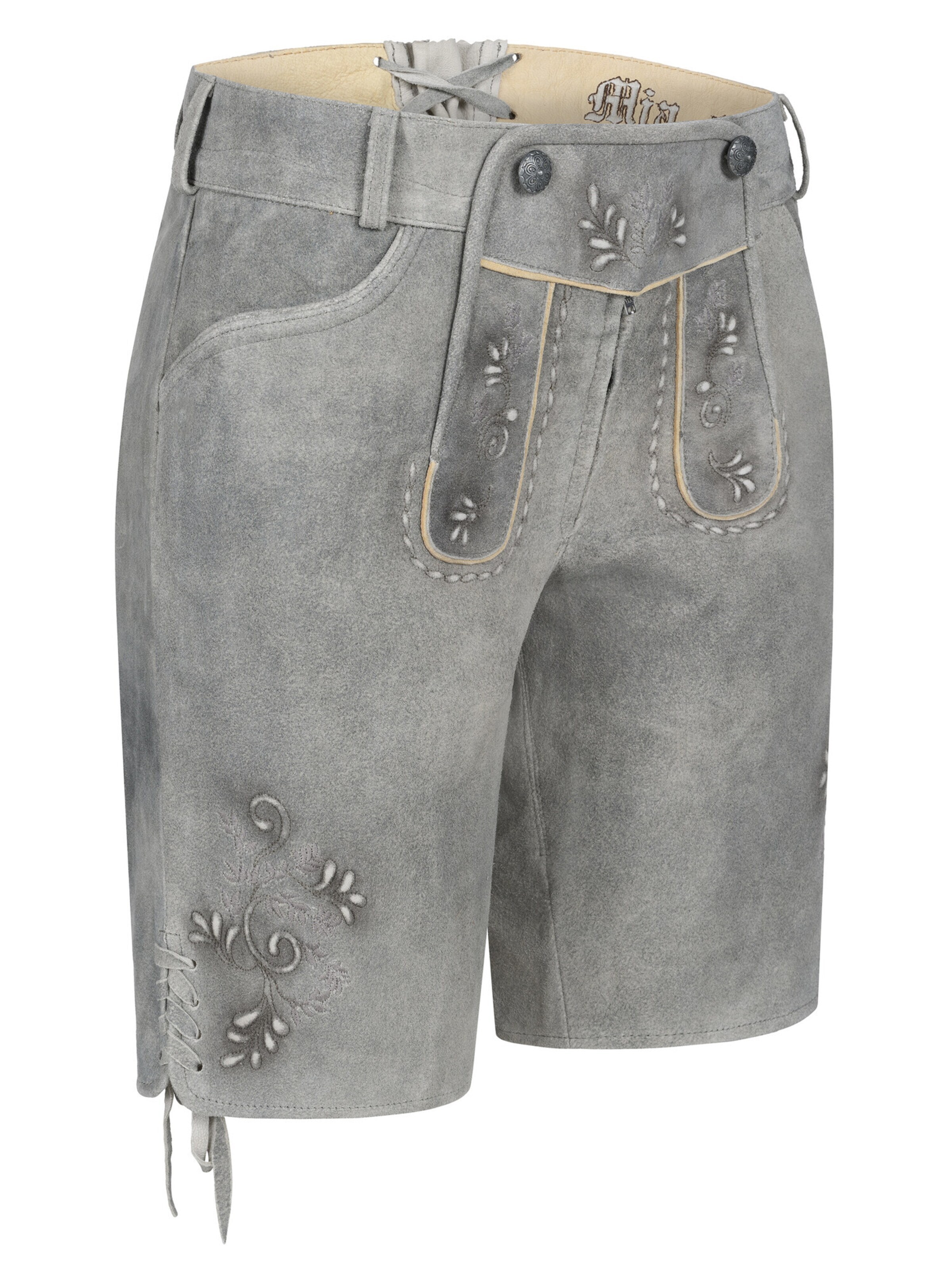 Trachtenhof Nübler Regular Traditional Pants 'Lederhose kurz Victoria' in Grey: front
