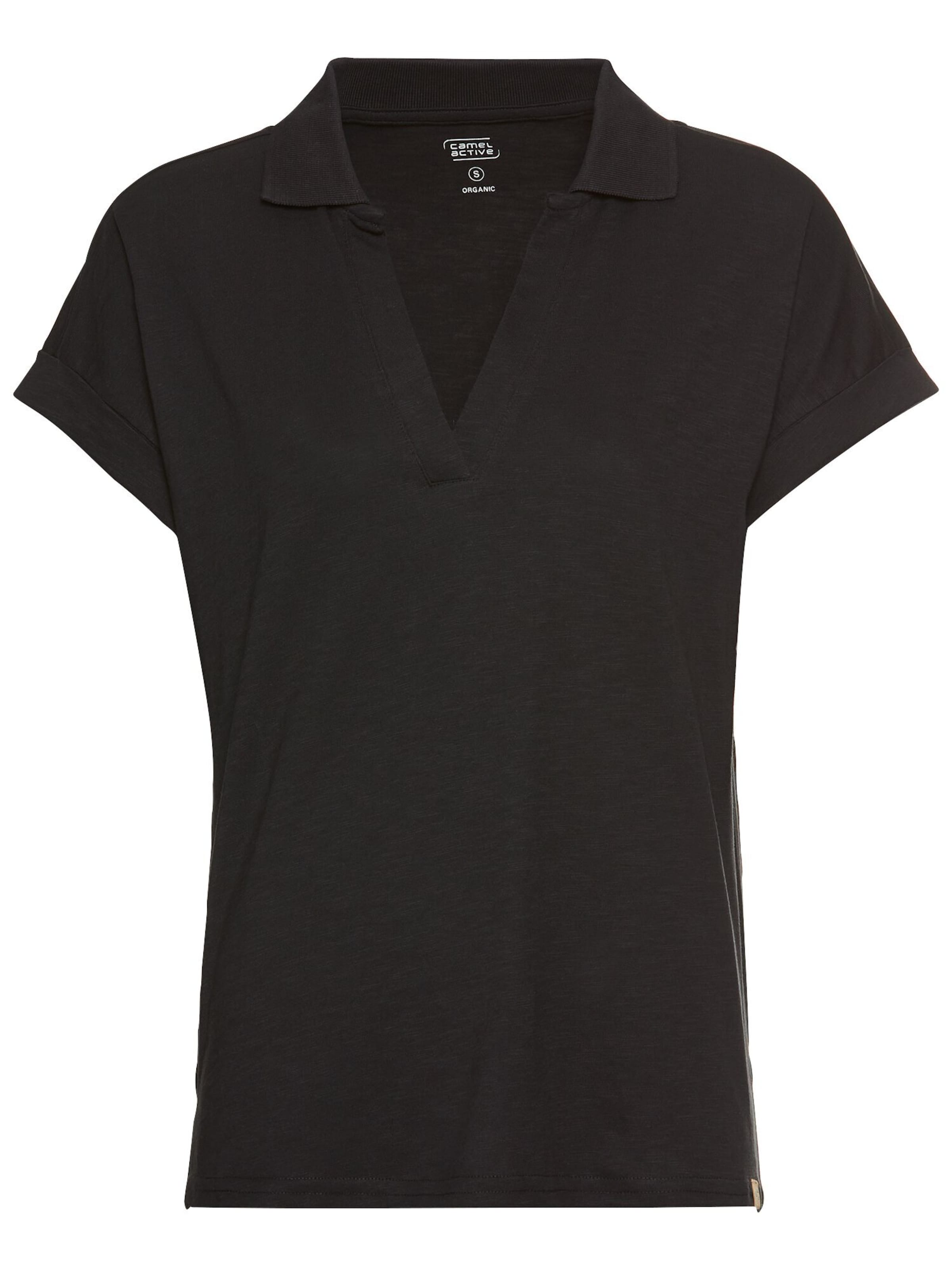 CAMEL ACTIVE Kurzarmshirt mit Polokragen und überschnittenen Schultern in Schwarz: Vorderseite