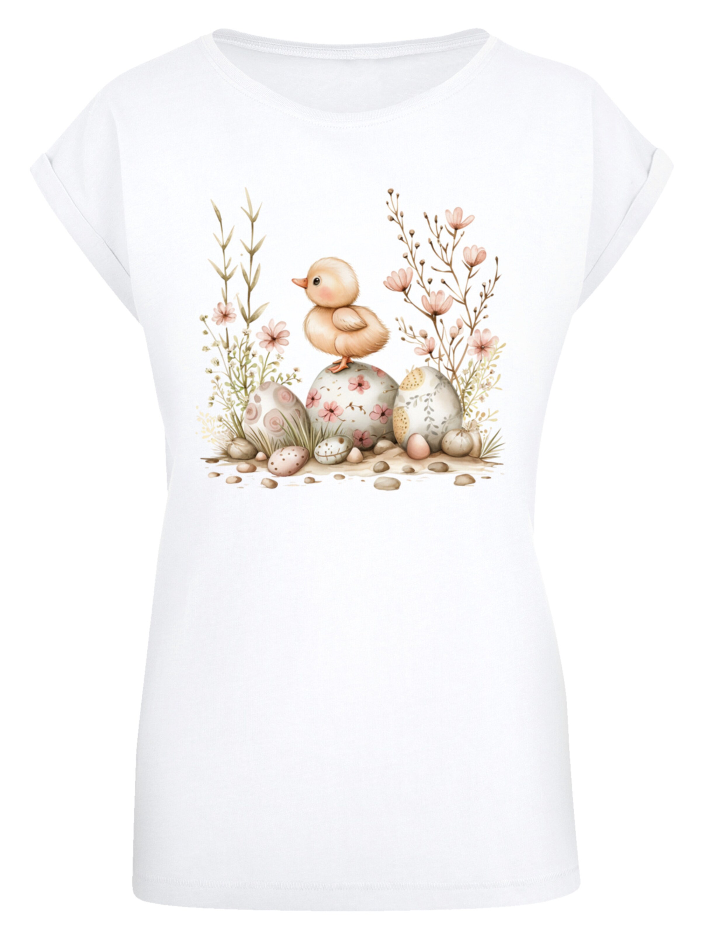 F4NT4STIC Shirt 'Ostern Küken Ei Blumen' in Wit: voorkant