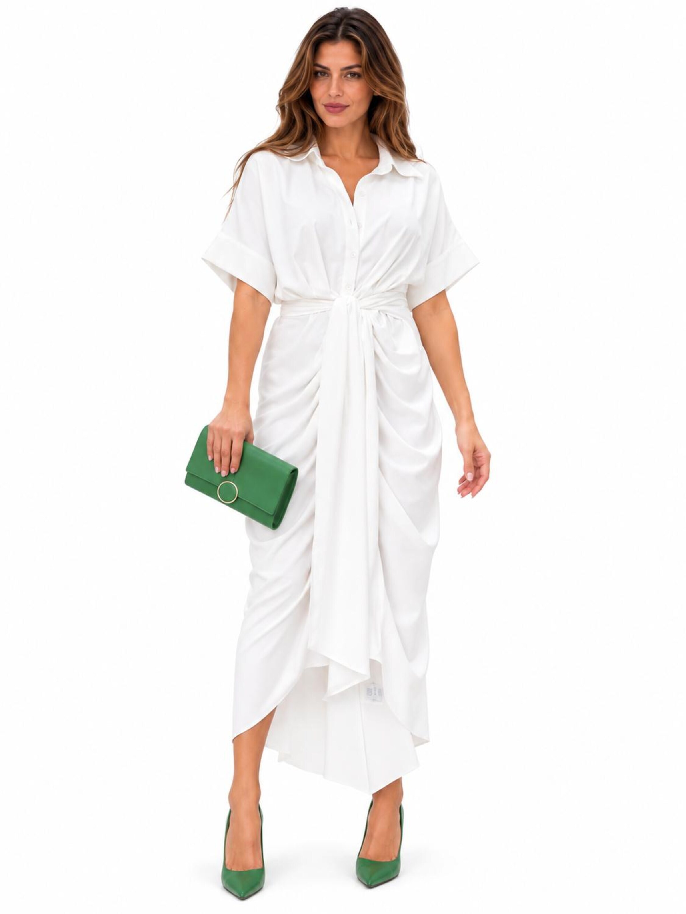 SPORTS36.NL Jurk 'Women's Short-Sleeve Shirt Dress with Waist Tie' in Wit: voorkant