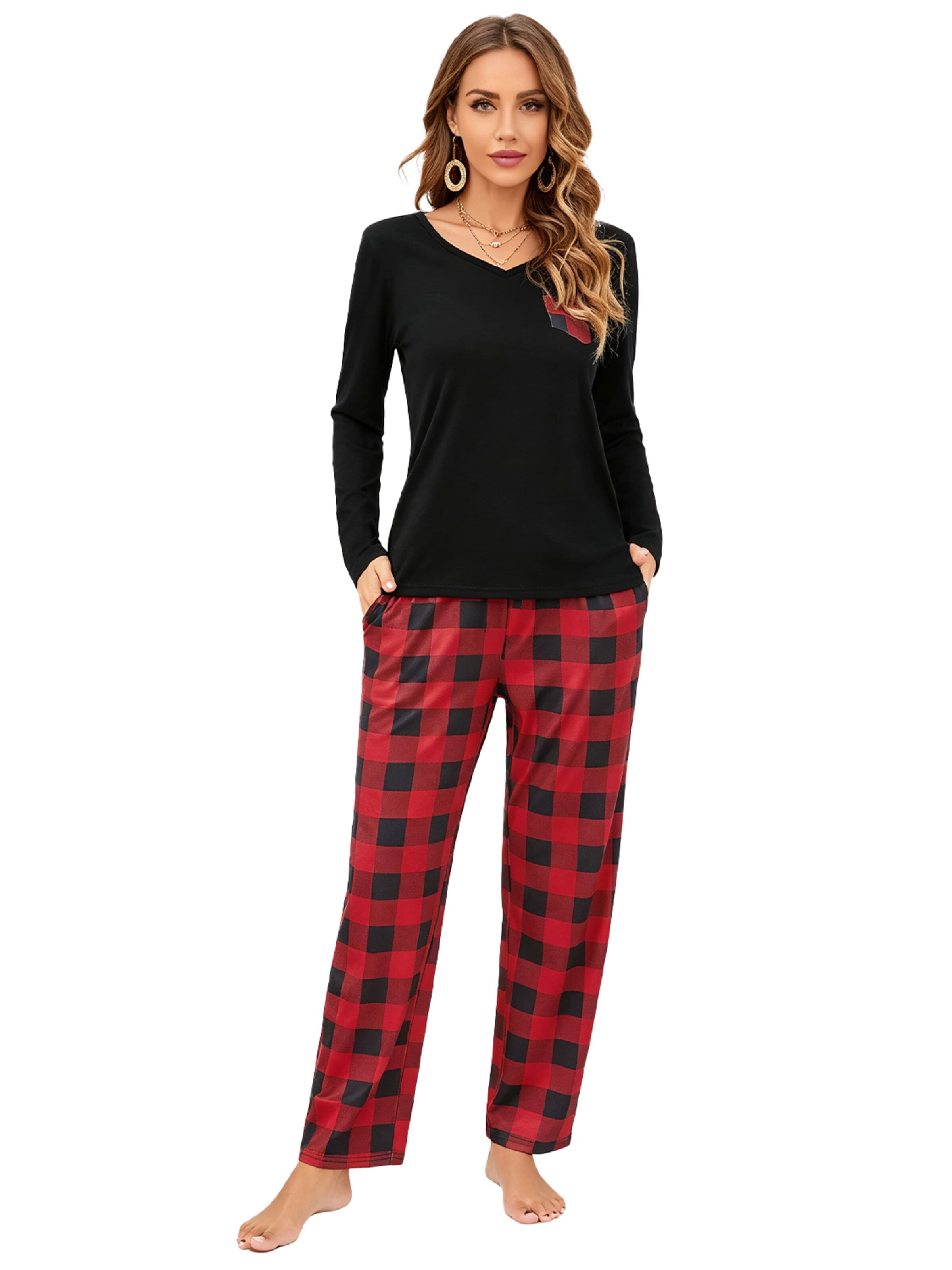 KoJooin Piżama 'Damen Weihnachts-Pyjama-Set im Karierten Design Klassische,Langärmelige Loungewear für Familiäre' w kolorze czerwony: przód