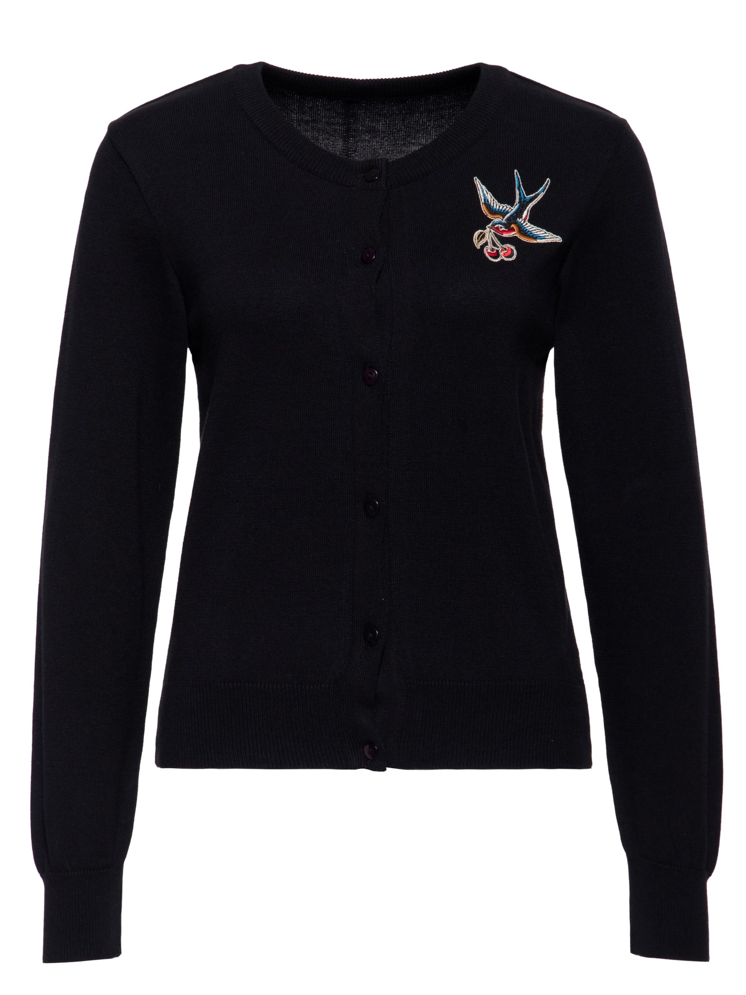 Queen Kerosin Strickjacke 'Swallow and Cherry'‌‌ in Schwarz: Vorderseite
