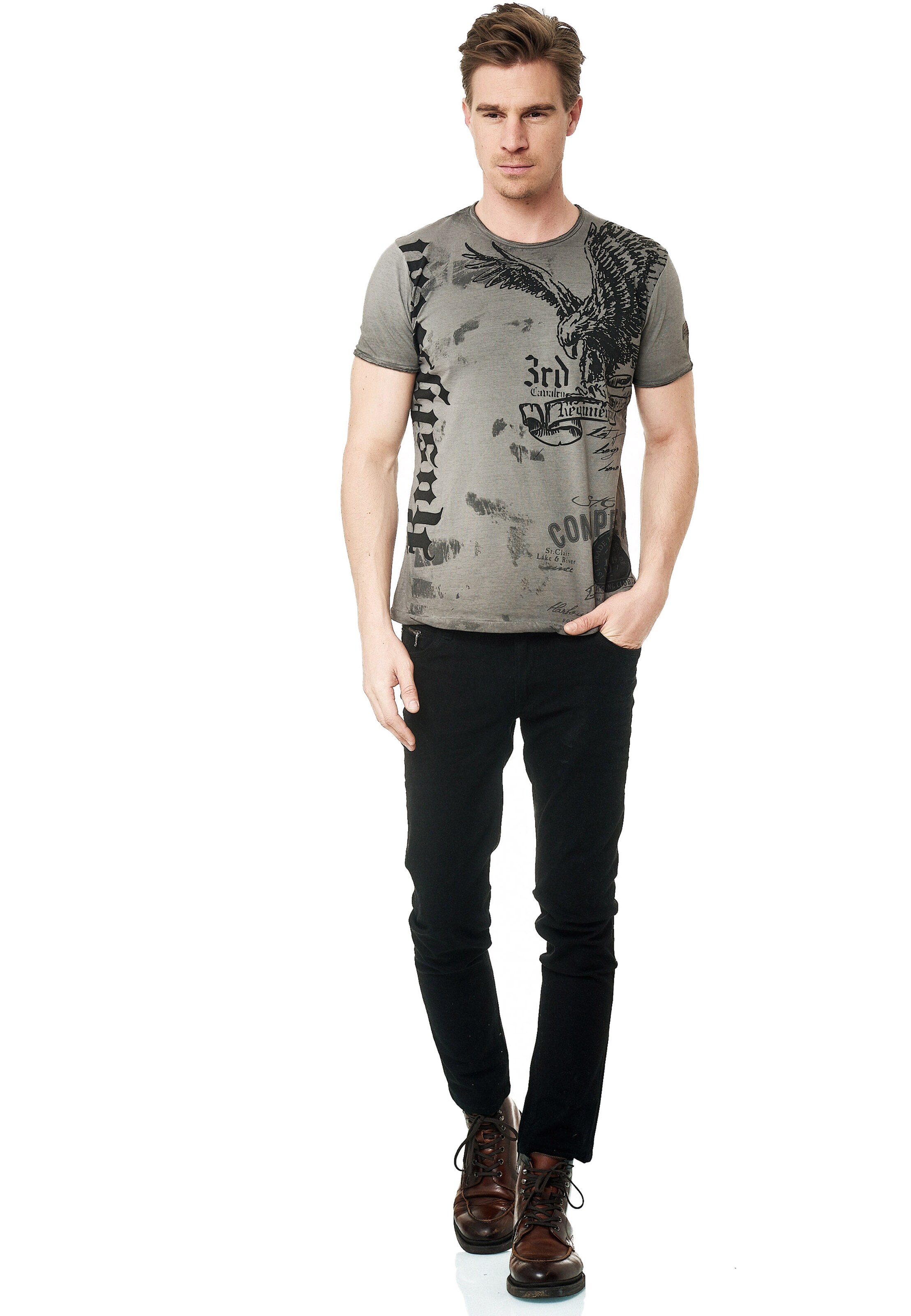 Rusty Neal T-Shirt mit modernem Front & Back Print 'American Eagle' in Grau