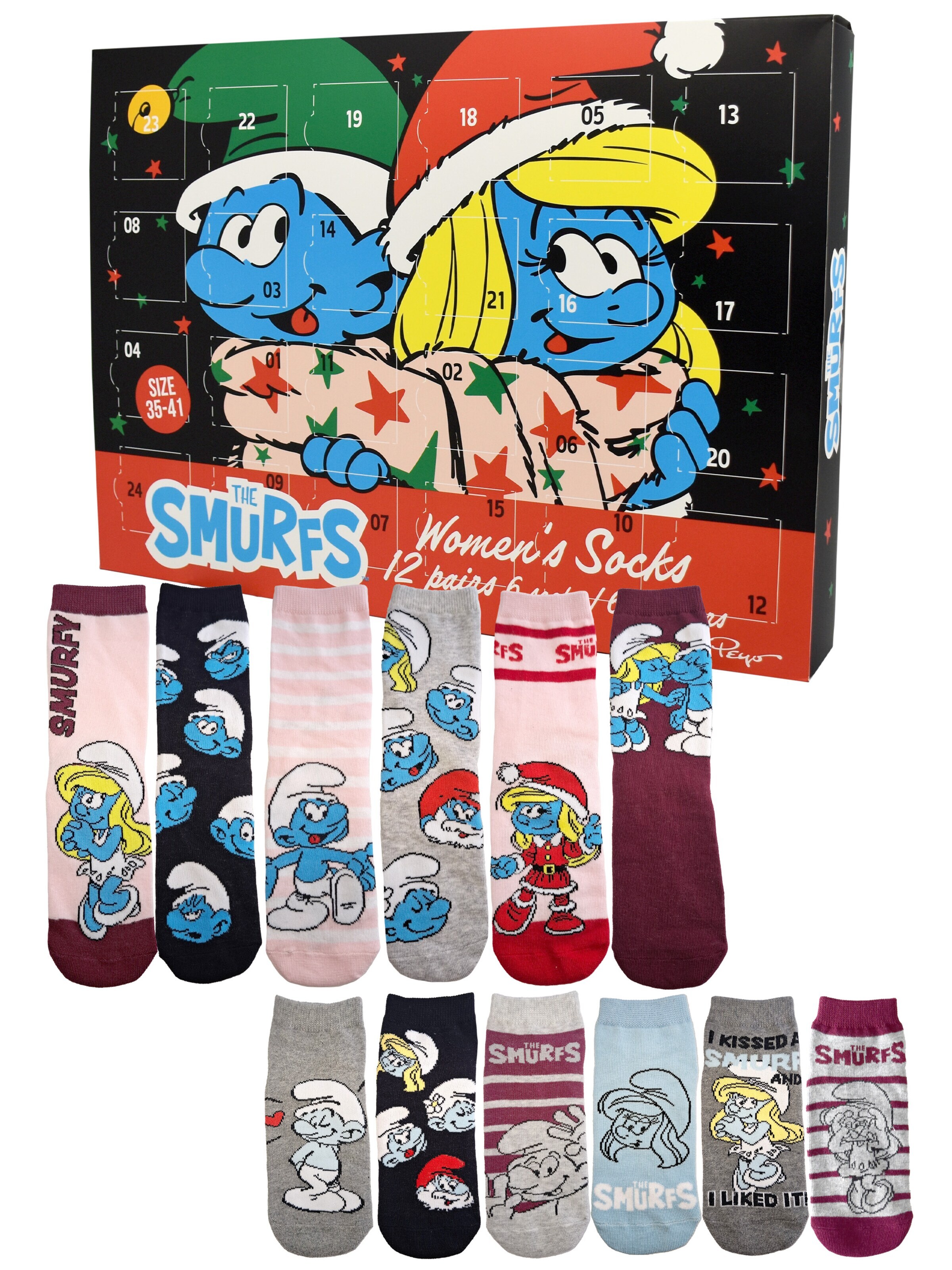 Die Schlümpfe Socken 'Adventskalender mit 12 Paar'‌‌‌‌‌‌ in Mischfarben: Vorderseite
