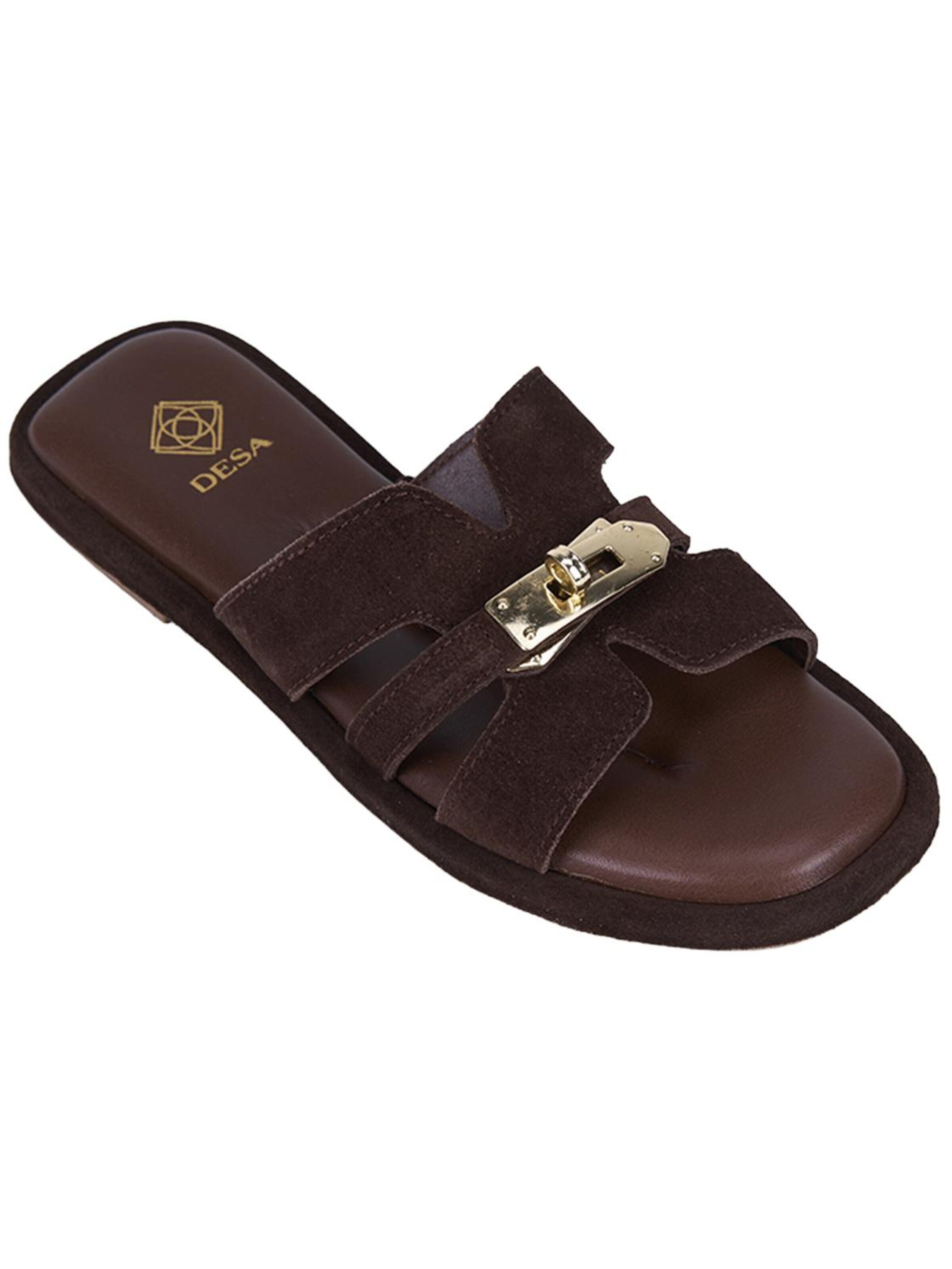 Desa Mules 'DESA Damen-Sandalen aus Wildleder mit goldenem Schlossdetail' in Brown: front