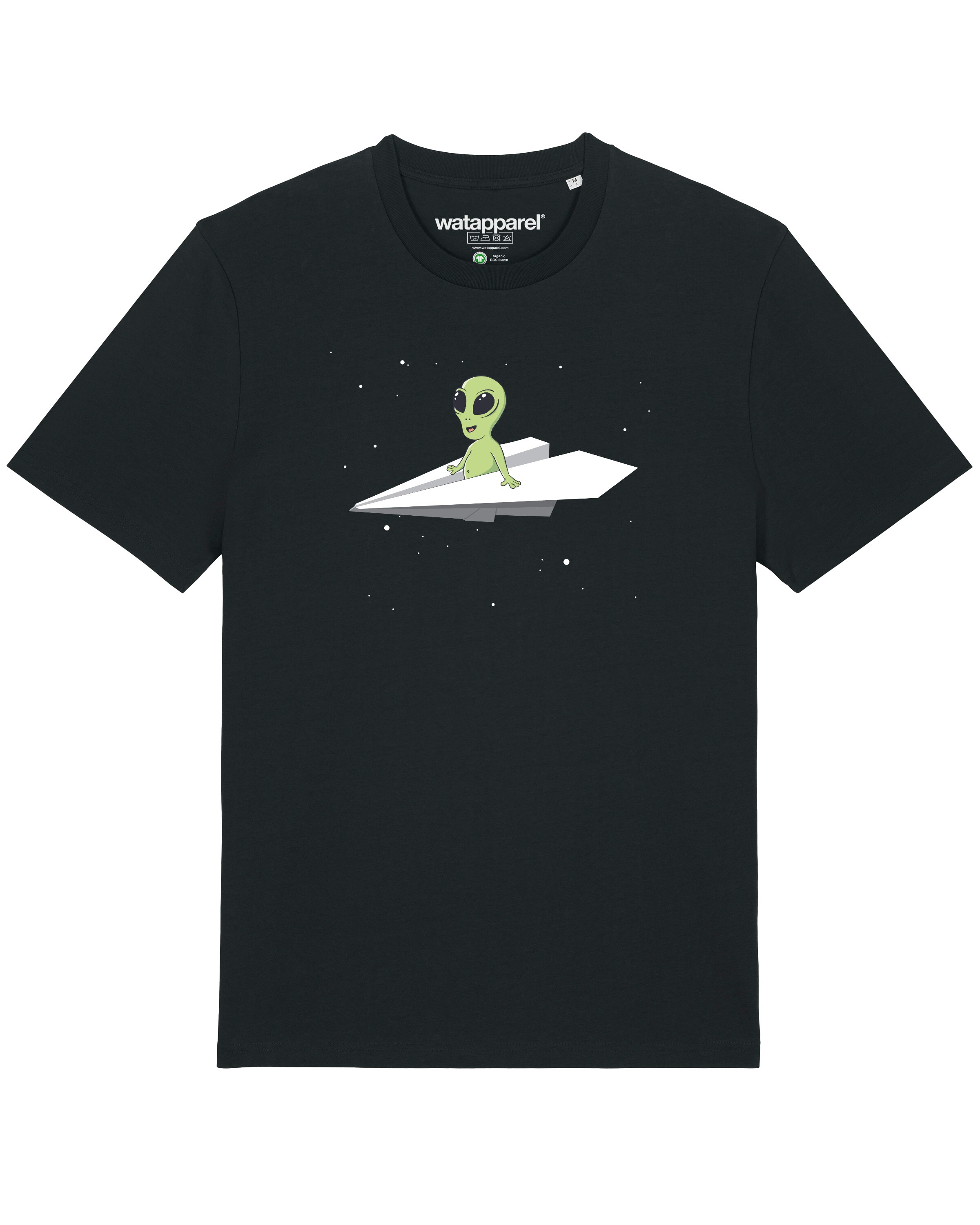 Watapparel Shirt 'Alien on a paper plane' in Schwarz: Vorderseite