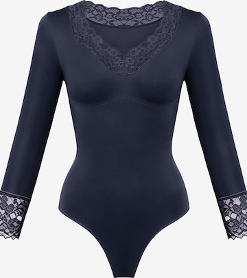 cfab - Body moldeador 'Clean Longsleeve V-Neck with Lace Sculpting Bodysuit with String' en azul: frente