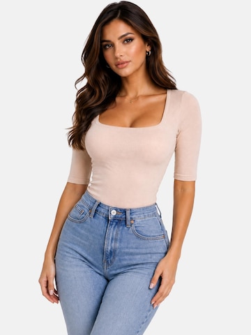 PANTHEROAR Tričko 'Caro Neck Short Sleeve Top' - Béžová
