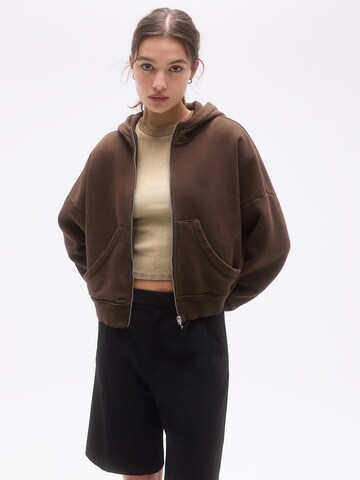 Pull&Bear Zip-Up Hoodie in Brown: front