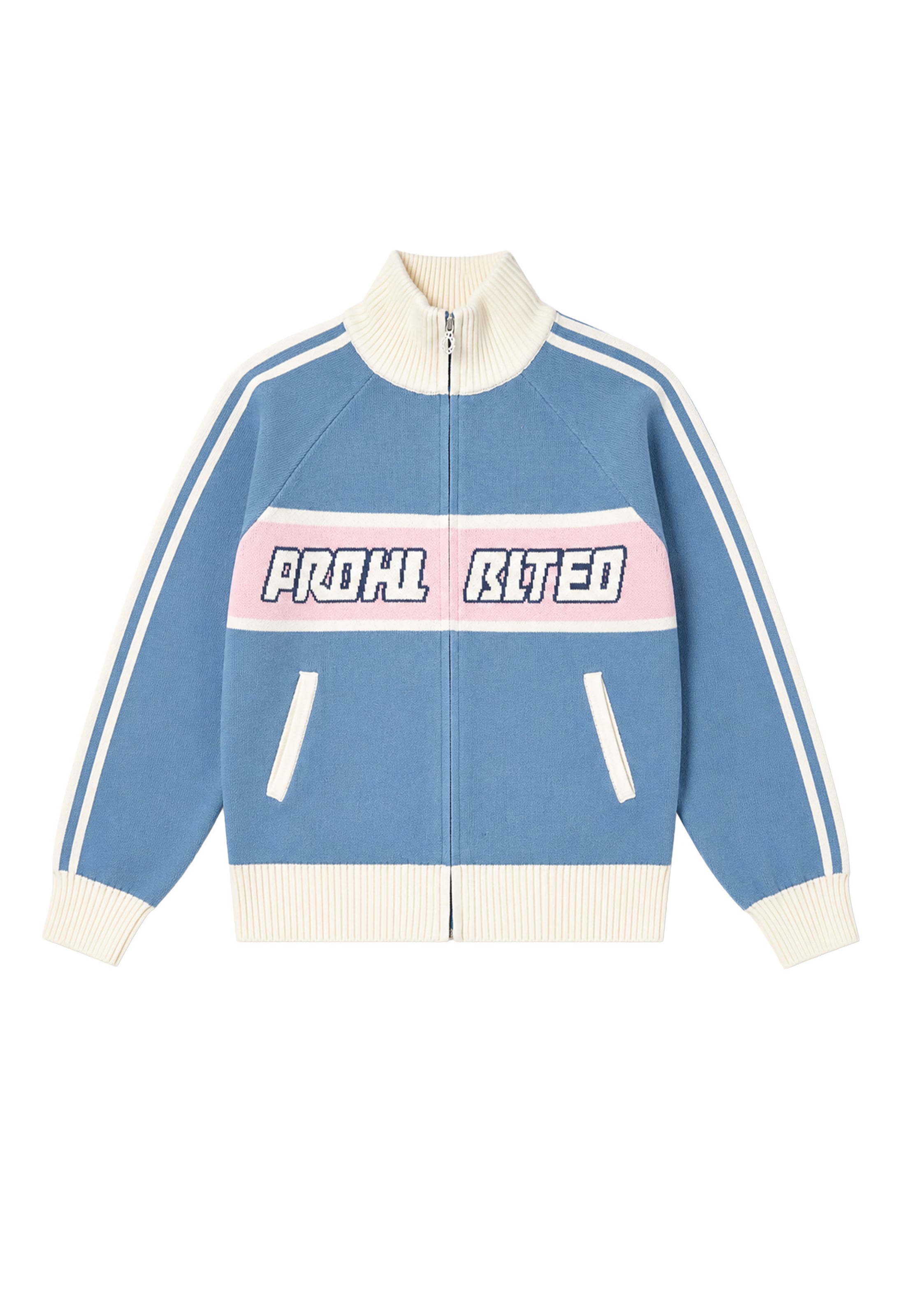 Prohibited Strickjacke 'Letterman' in L in himmelblau / rosa / wollweiß, Produktansicht