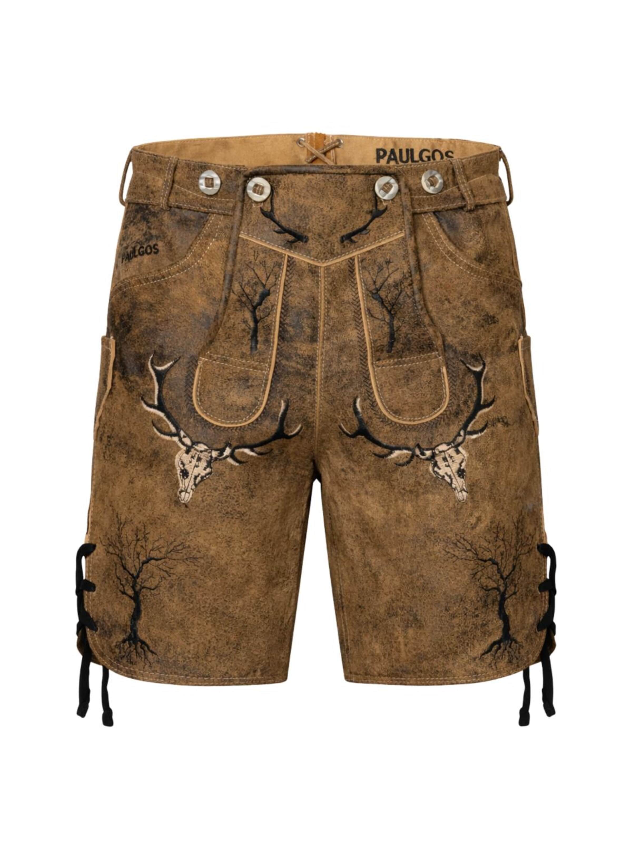 Paulgos Regular Traditional Pants 'PAULGOS Herren Trachten Lederhose Kurz - HK6 ANTIK - Echtes Leder - in 2 Farben erhältlich - Größe 44 - 60' in Brown: front