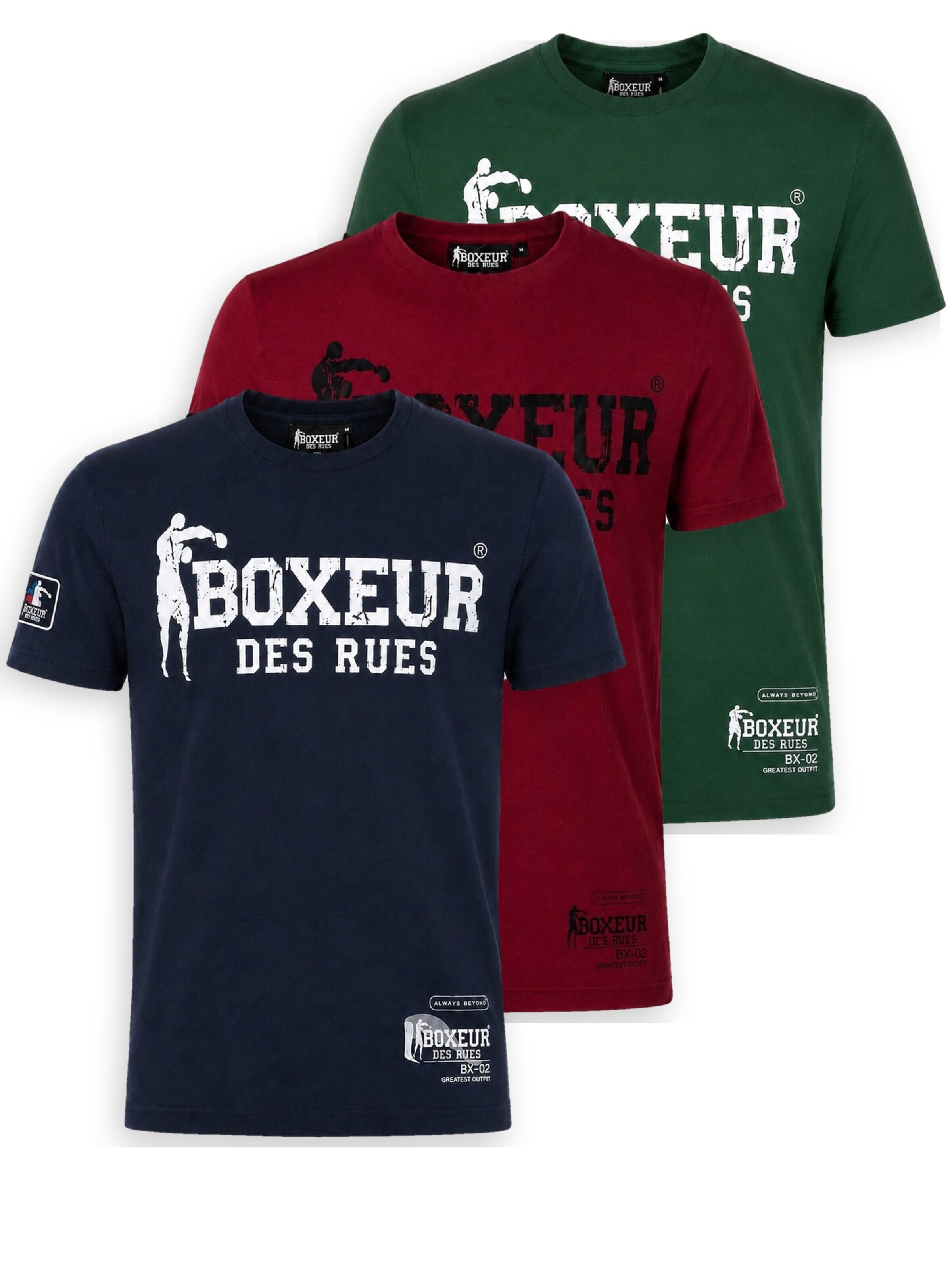Boxeur des Rues Shirt 'Herren T-Shirt 3er-Pack Boxeur des Rues Slim Fit: Marineblau, Weißes Logo + Bordeaux + Dunkelgrün, Weißes Logo' in Mixed colors: front