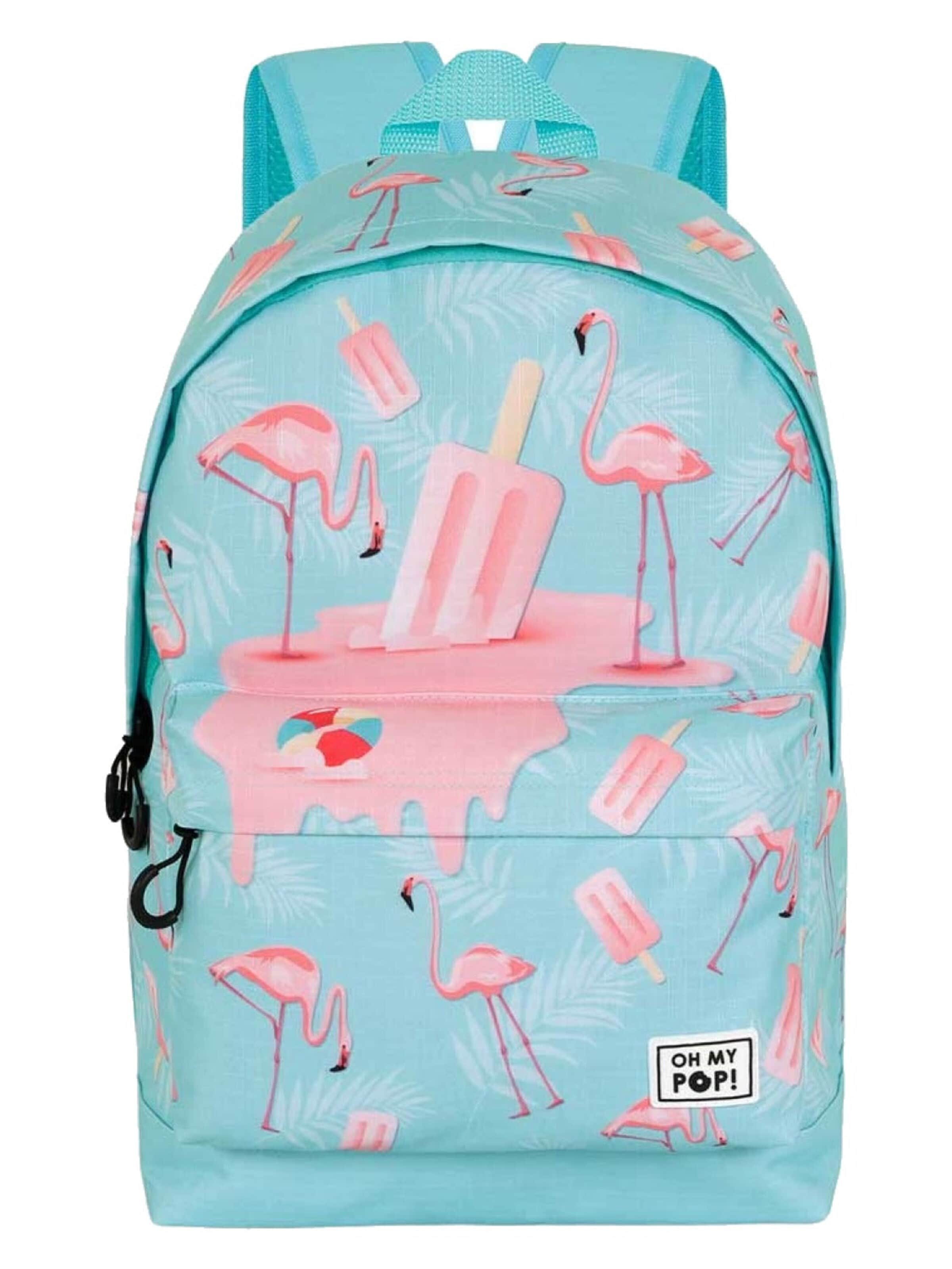 Oh My Pop! Backpack 'Oh My Pop Rugzak Flamingo 2 Vakken Premium Quality Pluche Flamingo Hanger' in Blue: front