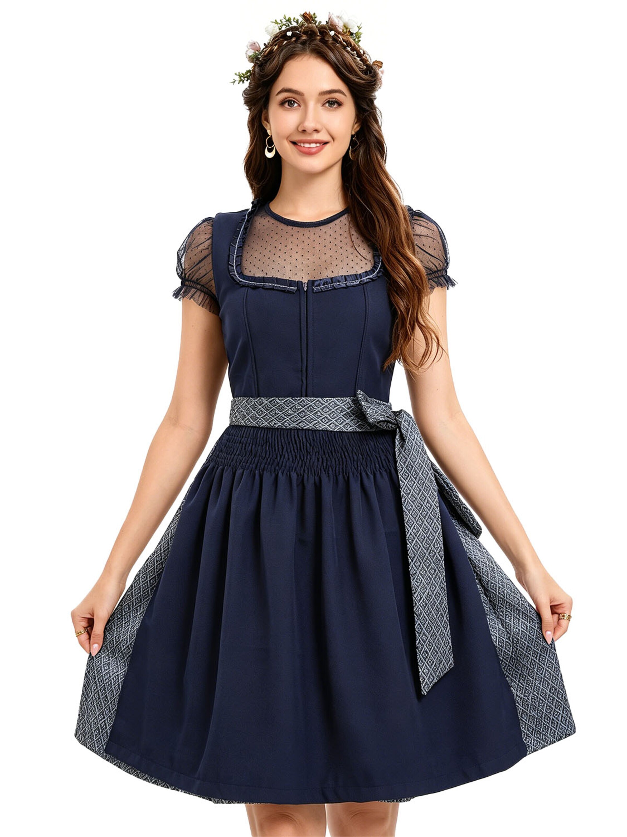KoJooin Dirndl 'Damen Polka‑Dot Bluse, quadratischer Ausschnitt – 3‑teiliges Dirndl‑Set für Oktoberfest' in Blue: front