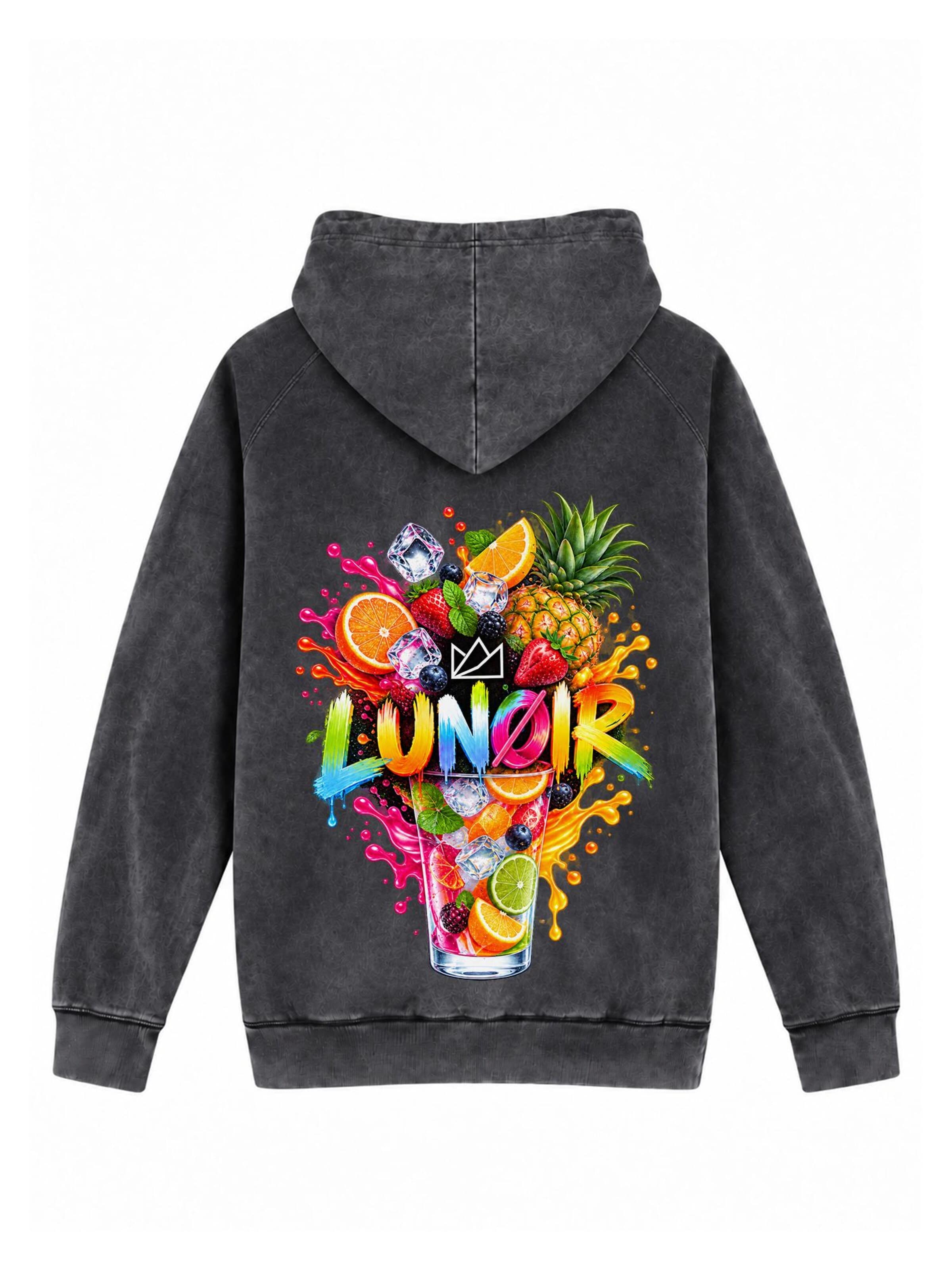 LUNØIR StudioSweater majica 'Tropical Riot – Fruit Splash' - crna boja: prednji dio
